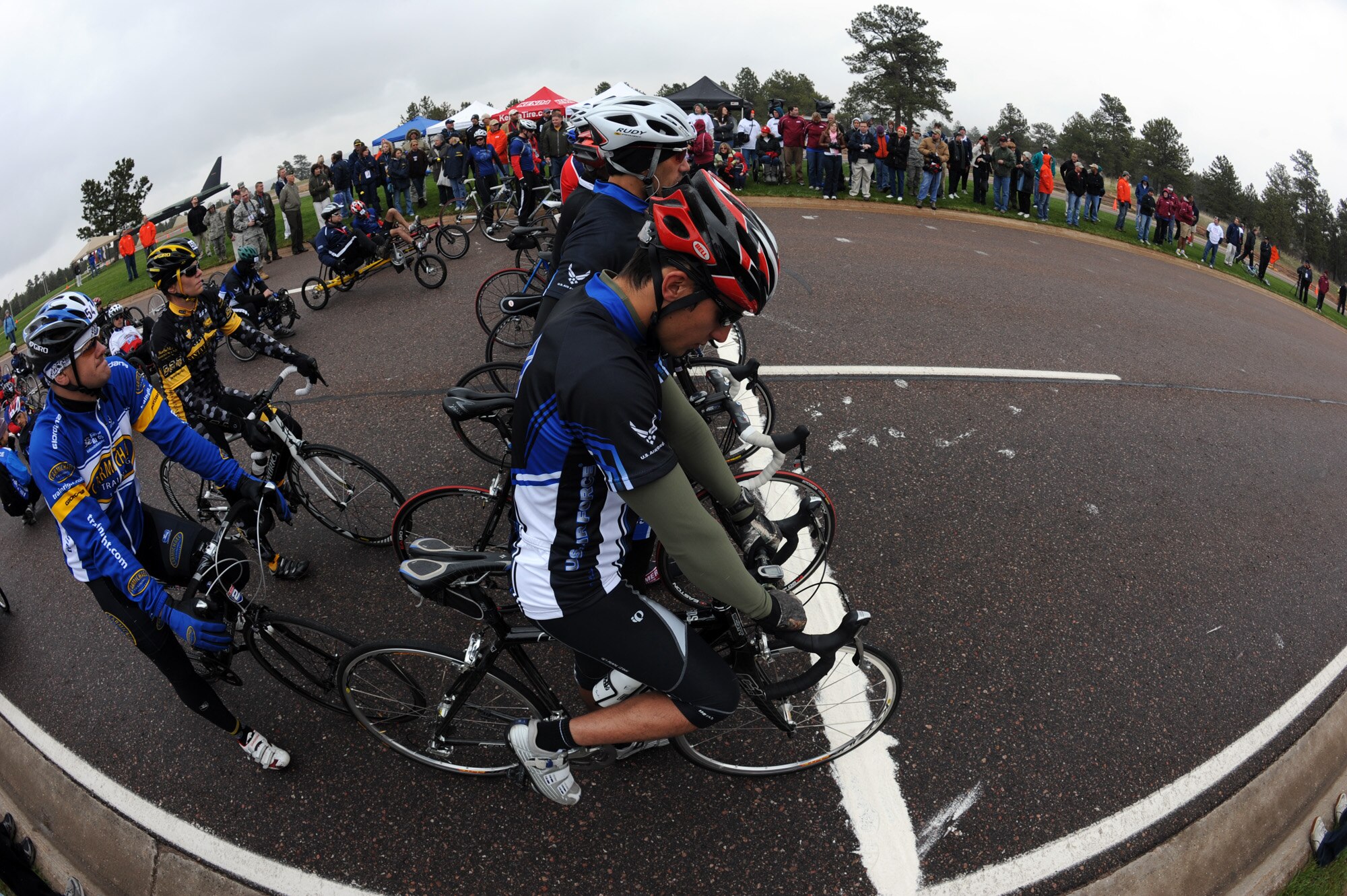 Warrior Games athletes wait for the signal to begin the 20-kilometer upright bike race for the inaugural Warrior Games May 13, 2010, at the U.S. Air Force Academy in Colorado Springs, Colo.  (U.S. Air Force photo/Staff Sgt. Desiree N. Palacios)