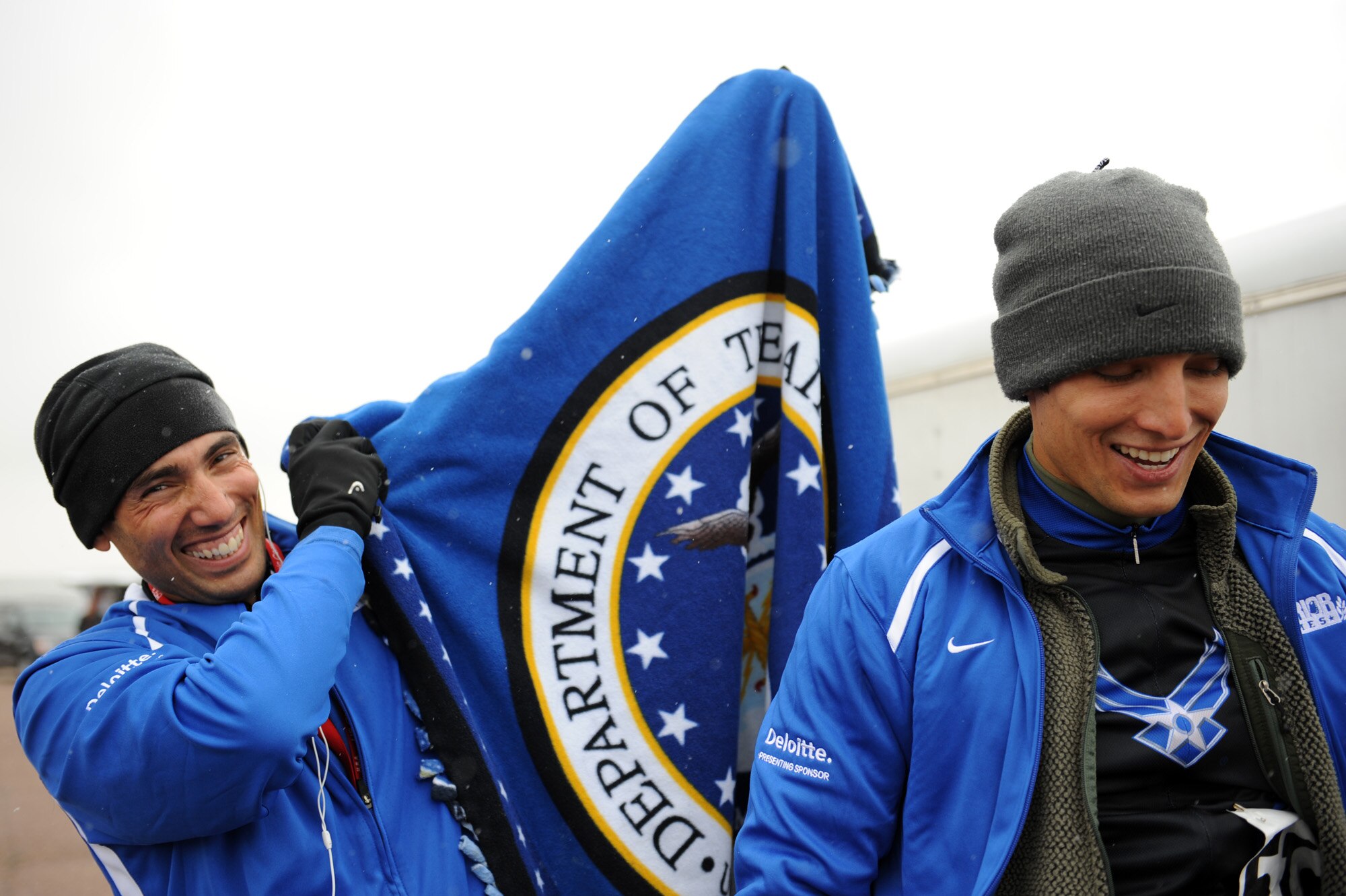 Staff Sgt. Marc Esposito and Adam Tanverdi show their Air Force spirit before competing in the 20-kilometer upright bike race for the inaugural Warrior Games May 13, 2010, at the U.S. Air Force Academy in Colorado Springs, Colo.  (U.S. Air Force photo/Staff Sgt. Desiree N. Palacios)