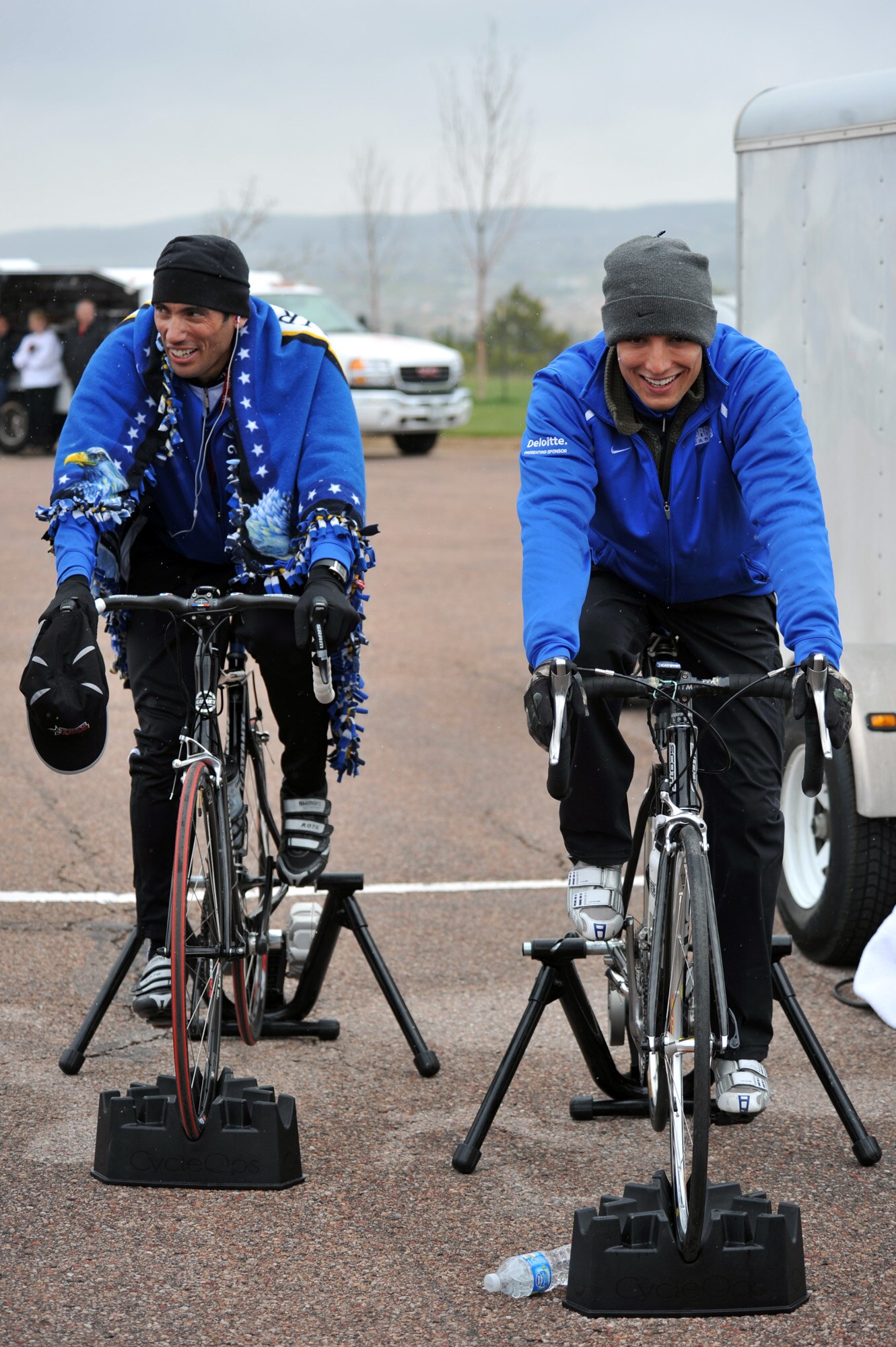 Staff Sgt. Marc Esposito and Adam Tanverdi warm up before competing in the 20-kilometer upright bike race for the inaugural Warrior Games May 13, 2010, at the U.S. Air Force Academy in Colorado Springs, Colo. (U.S. Air Force photo/Staff Sgt. Desiree N. Palacios)