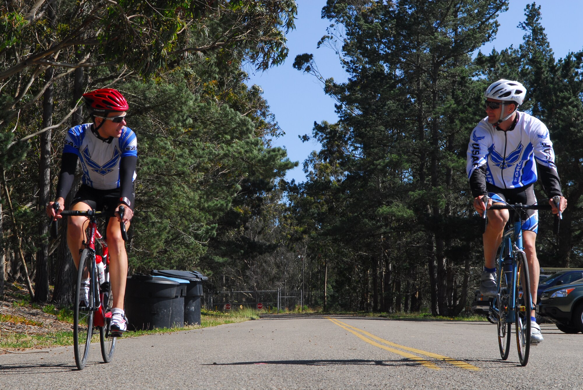 VANDENBERG AIR FORCE BASE, Calif. - Maj. Jonathan Mason, the 30th Weather Squadron assistant director of operations, and 1st Lt. Scott Tonder, a 392nd Training Squadron space operations instructor, train together on base for an annual military triathlon Tuesday, May 11, 2010. Major Mason and Lieutenant Tonder were selected to represent the Air Force triathlon team in the 2010 Armed Forces Triathlon Championship at Naval Base Ventura County Point Mugu May 30. (U.S. Air Force photo/Senior Airman Steve Bauer)