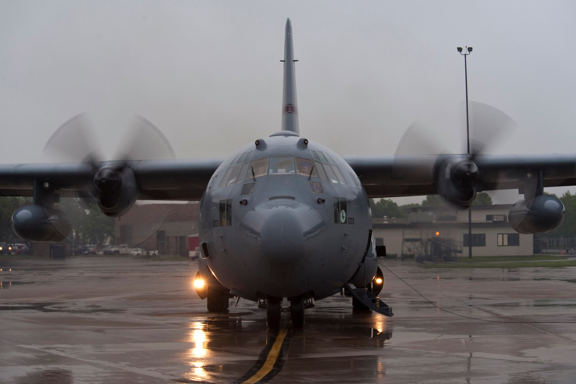 A C-130 Hercules bound for Southwest Asia in support of Operation Enduring Freedom  awaits launch 13 May 2010. The aircraft and Airmen of the 133rd are deploying to Southwest Asia is support of Operation Enduring Freedom. U.S. Air Force photo by Tech. Sgt. Erik Gudmundson(released)