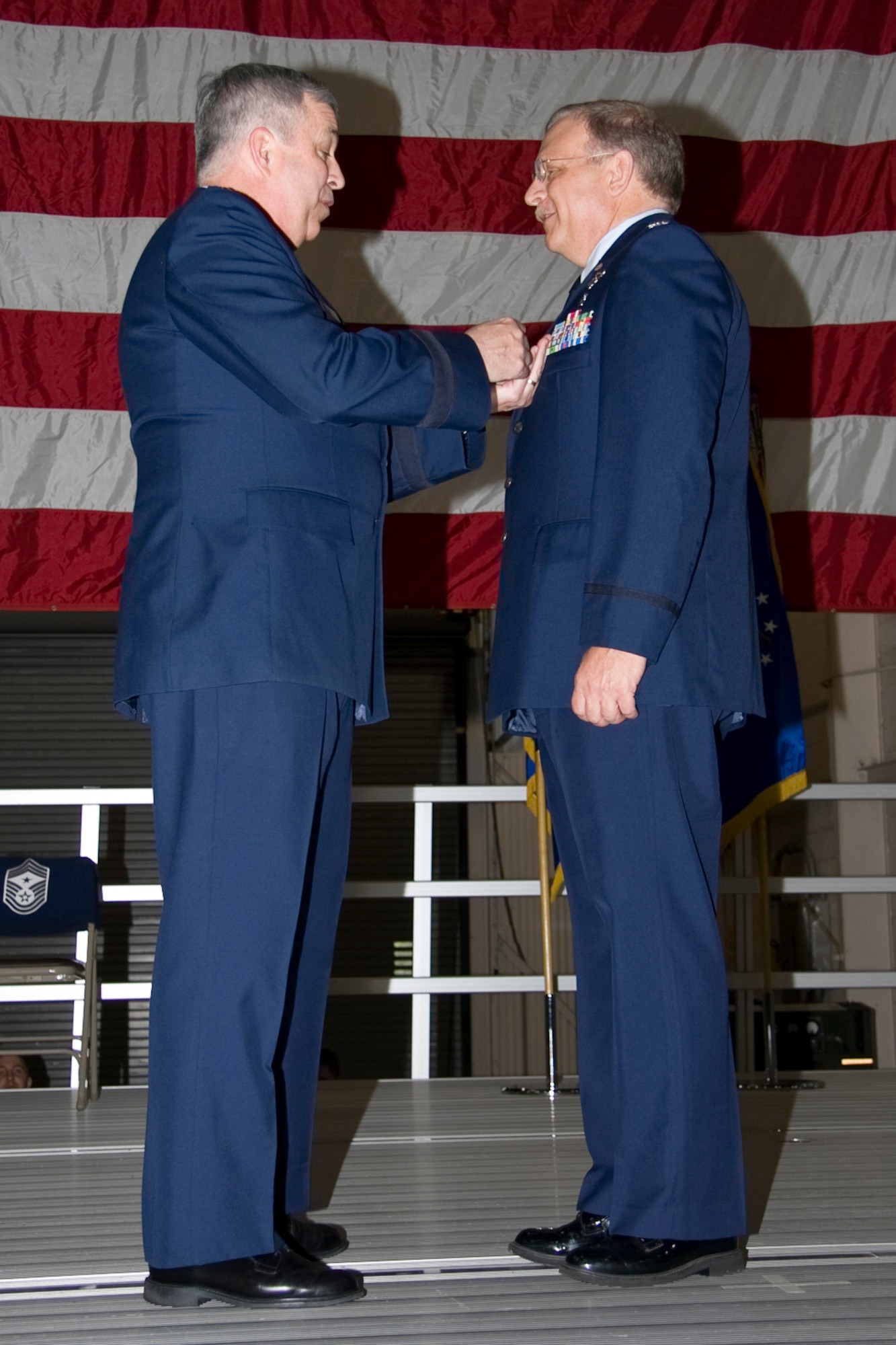 GRISSOM AIR RESERVE BASE, Ind. -- Brig. Gen. Dean Despinoy, 434th Air Refueling Wing commander, pins a Air Force Meritorious Service Medal to Col. Christopher Nixon, 434th Aerospace Medicine Squadron commander. Colonel Nixon directs medical operations for the wing's reserve personnel. (U.S. Air Force photo/Tech. Sgt. Mark R. W. Orders-Woempner)