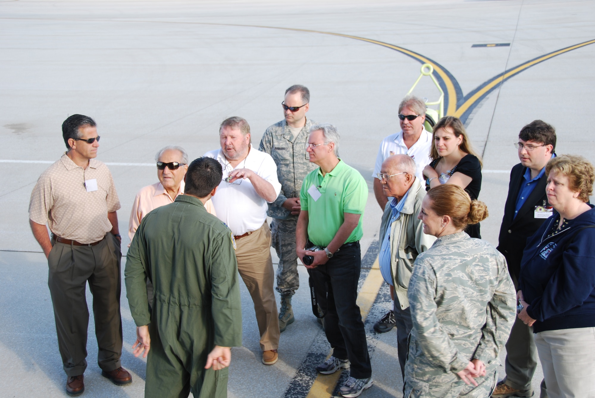 JOINT BASE MCGUIRE-DIX-LAKEHURST, N.J. - Several participants of the 514th Air Mobility Wing Civic Leader Tour held May 4-5 learn about cargo operations from a C-5 Galaxy aircrew member during the two-day CLT to Wright-Patterson Air Force Base, Ohio. The event provided key civilian members of the Joint Base McGuire-Dix-Lakehurst regional community with a broader view of the Air Force Reserve mission. (U.S Air Force photo/Master Sgt. Donna T. Jeffries) 