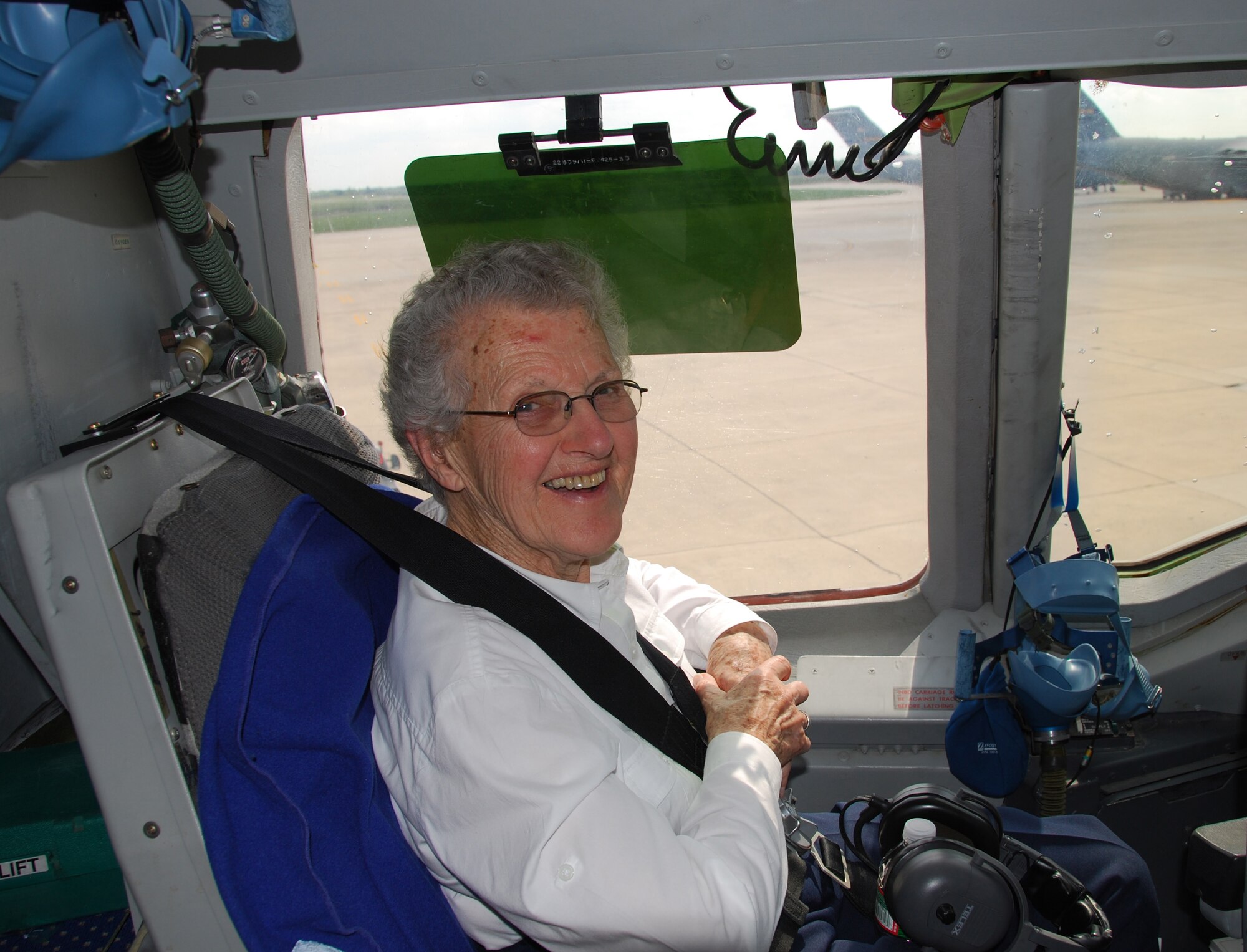 JOINT BASE MCGUIRE-DIX-LAKEHURST, N.J. - Lillian Yonally, an original Women Airforce Service Pilot, sits in the KC-10 Extender observer seat for takeoff May 4 during the two-day Civic Leader Tour to Wright-Patterson Air Force Base, Ohio. The event provided key civilian members of the Joint Base McGuire-Dix-Lakehurst regional community with a broader view of the Air Force Reserve mission. (U.S Air Force photo/Master Sgt. Donna T. Jeffries) 