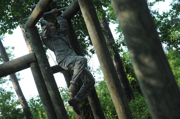 MOODY AIR FORCE BASE, Ga. -- 1st Lt. Daniel Norwood, 822nd Security Forces Squadron Charlie Flight commander, completes an obstacle during training for the 27th annual David E. Grange Jr. Best Ranger Competition here April 27. Since competitors are unaware of obstacles they will be required to do during the competition, Lieutenant Norwood prepared by basing his training on previous competition events. (U.S. Air Force photo/Staff Sgt. Elizabeth Rissmiller) 