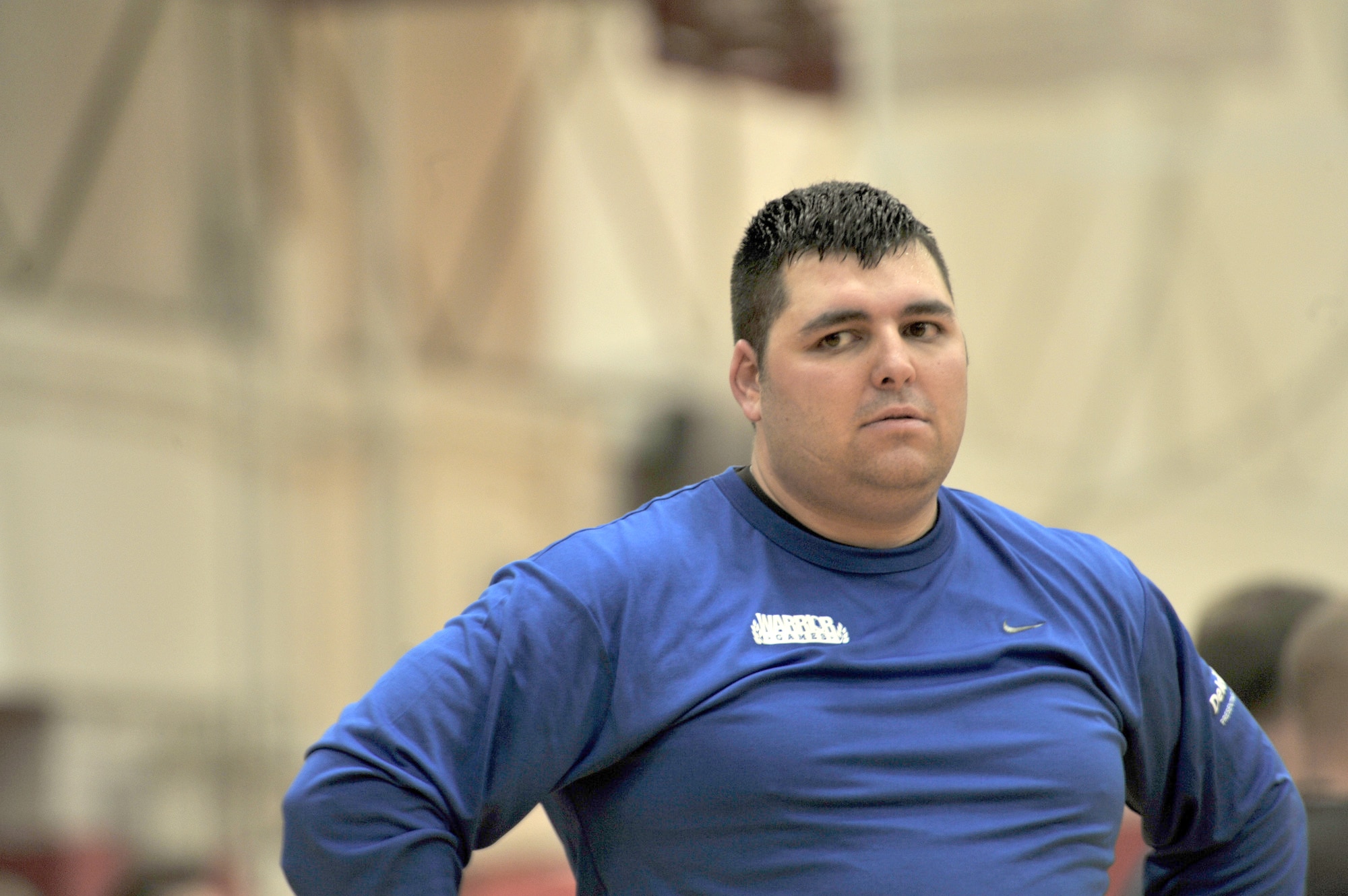 Ricky Tackett takes a break from the Air Force team during the Warrior Games volleyball match against the Army May 12, 2010 at the Olympic Training Center, Colorado Springs. The Air Force went on to win the game 15-7. The Warrior Games competition began May 10 and finishes on May 14, 2010 at the U.S. Olympic Training Center in Colorado Springs. (U.S. Air Force photo/Staff Sgt. Desiree N. Palacios)