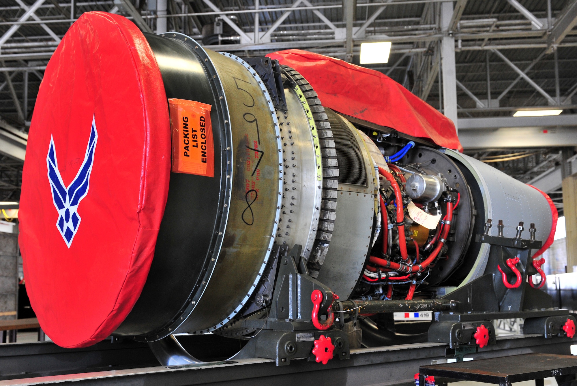 100510-F-6838W-001
SHAW AIR FORCE BASE, S.C. -- The Turbo Fan 34 engine for the A-10 Warthog sits on an engine stand ready to be wrapped up and shipped out May 10, 2010. The TF34 engine shown here is the last one to be built at Shaw. (U.S. Air Force photo/Airman 1st Class Neil D. Warner)