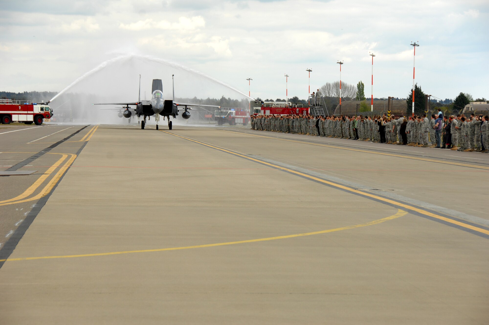 Liberty Wing personnel salute Col. Jay Silveria, 48th Fighter Wing commander, as he passes during his final flight as wing commander at RAF Lakenheath, England, May 13.  Colonel Silveria will depart England in June to become the Air Combat Command Inspector General at Langley Air Force Base, Va. (U.S. Air Force photo/Tech. Sgt. Christopher Campbell