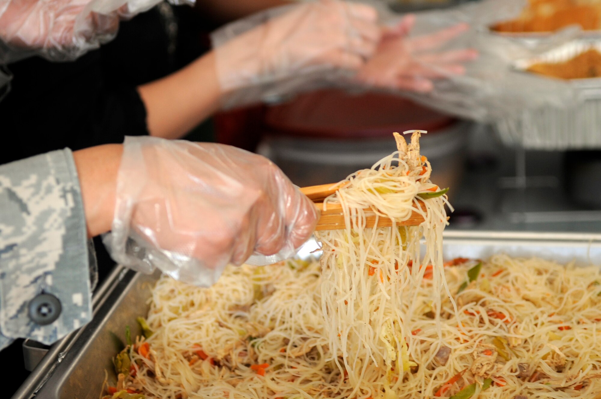 MOUNTAIN HOME AIR FORCE BASE, Idaho -- A selection of the Philippines, pancit was served at the Asian Pacific Heritage taste fest May 7. Different kinds of noodle dishes can be found in Filipino supermarkets which can then be cooked at home, noodle dishes are also standard fare in local restaurants of the Philippines. (U.S. Air Force photo by Airman 1st Class Angelina Drake)