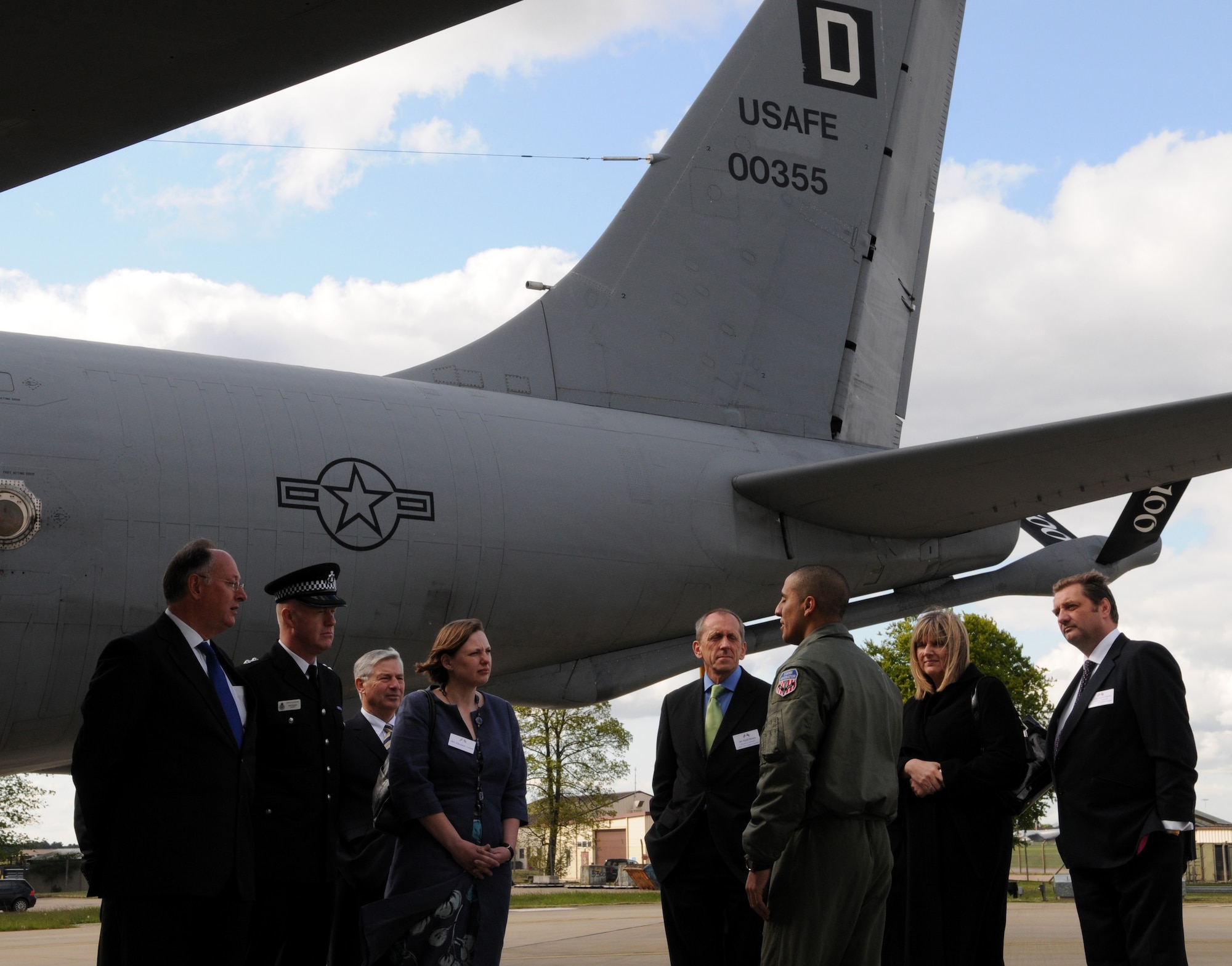 RAF MILDENHALL, England – Airman 1st Class Ronnie Echavarria, 351st Air Refueling Squadron boom operator, gives a tour around a KC-135 Stratotanker to the newest Honorary Commanders during a static display May 12. (U.S. Air Force photo/ Staff Sgt. Thomas Trower)
