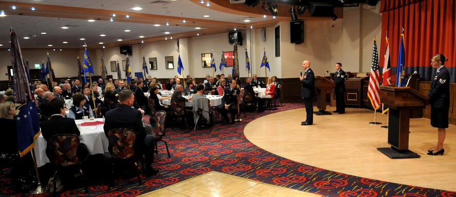 RAF MILDENHALL, England – Col. Chad Manske, 100th Air Refueling Wing commander, gave closing remarks after the Honorary Commander’s Induction Ceremony at the Galaxy Club May 12. The induction ceremony welcomed new commanders as they bid farewell to outgoing ones.  The purpose of the ceremony is to strengthen partnerships, relations, business and social links between the local community and the U.S. military. (U.S. Air Force photo/ Staff Sgt. Jerry Fleshman)