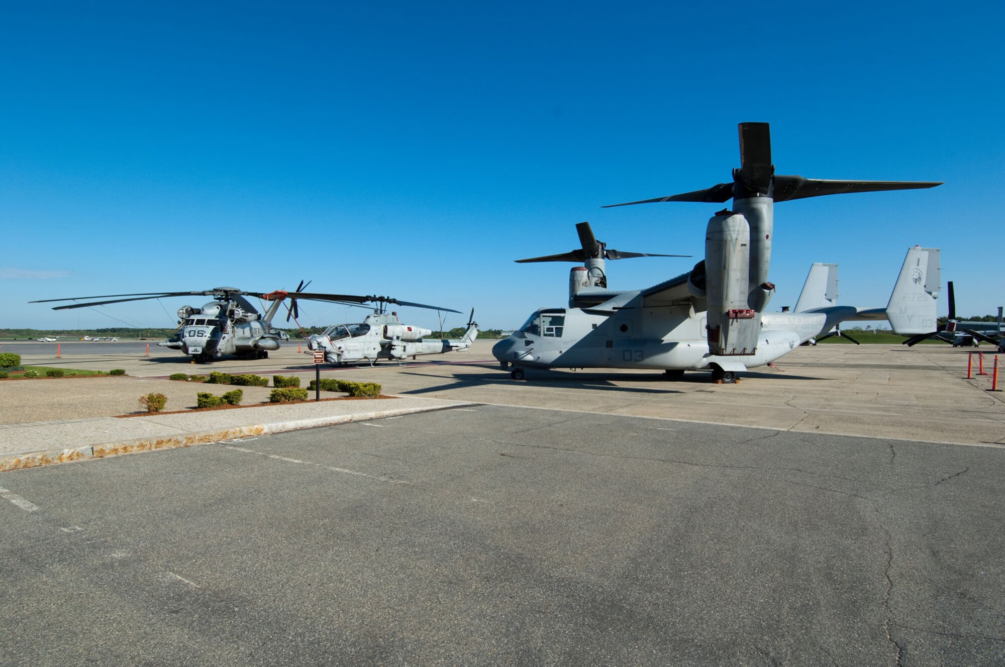 HANSCOM AIR FORCE BASE, Mass. – Several Marine aircraft sit on static display at the flight line for media day on May 4. The Marines staged aircraft and equipment here for Marine Week Boston activities through May 9. (U.S. Air Force photo by Rick Berry)