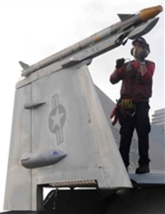 A U.S. Navy Aviation Ordnanceman inspects ordnance on an F/A-18E Super Hornet aircraft assigned to Strike Fighter Squadron 143 on the flight deck of the aircraft carrier USS Dwight D. Eisenhower (CVN 69) underway in the north Arabian Sea on May 8, 2010.  The Eisenhower Carrier Strike Group was deployed as part of an ongoing rotation of forward-deployed forces supporting maritime security operations in the U.S. 5th Fleet area of responsibility.  