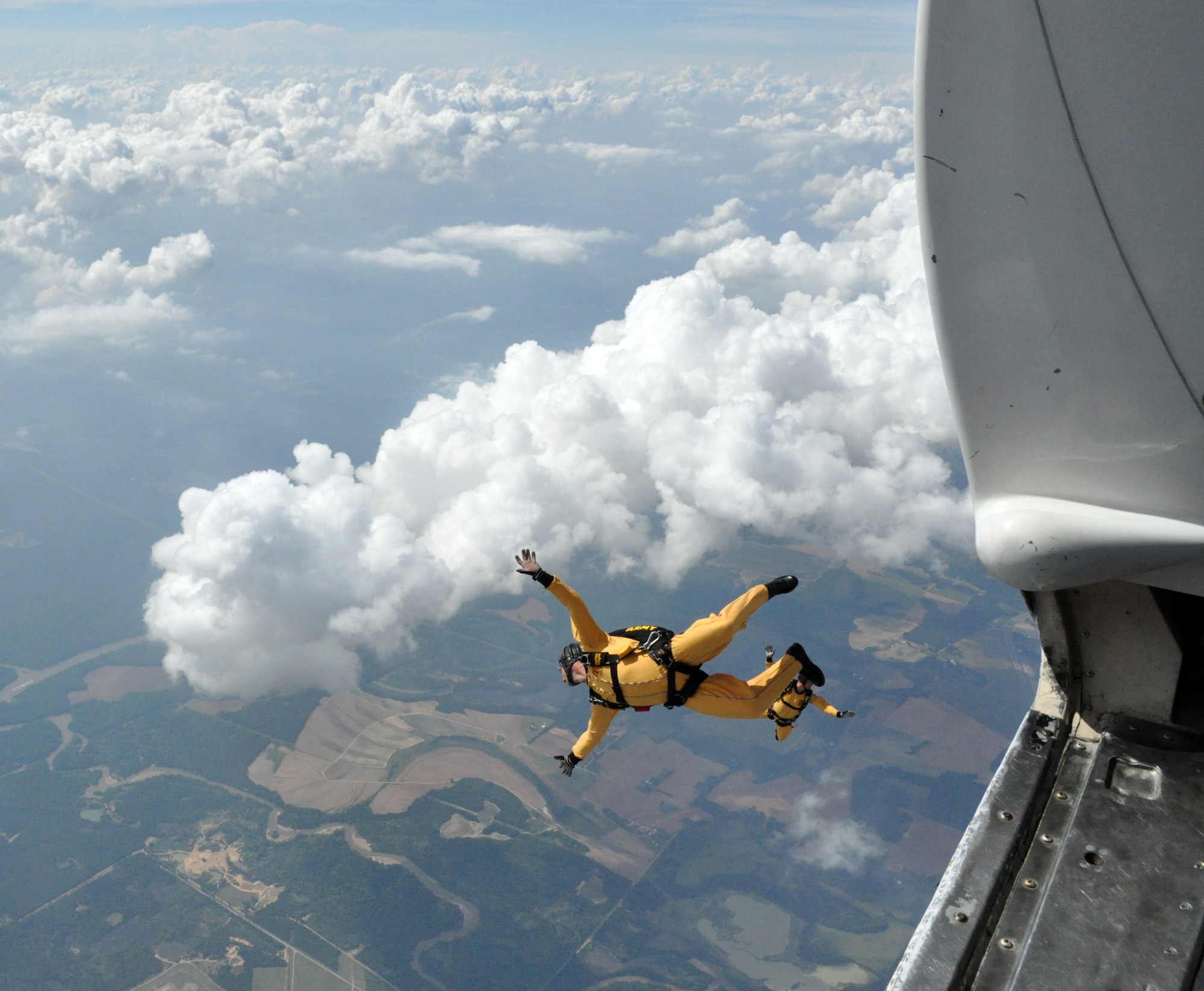 Members of the U.S Army Golden Knights jumps during a practice demonstration at Columbus Air Force Base May 14. The Golden Knights are taking part in this years base air show and open house, Wings over Columbus 2010. (U.S. Air Force photo/Senior Airman Jacob Corbin)