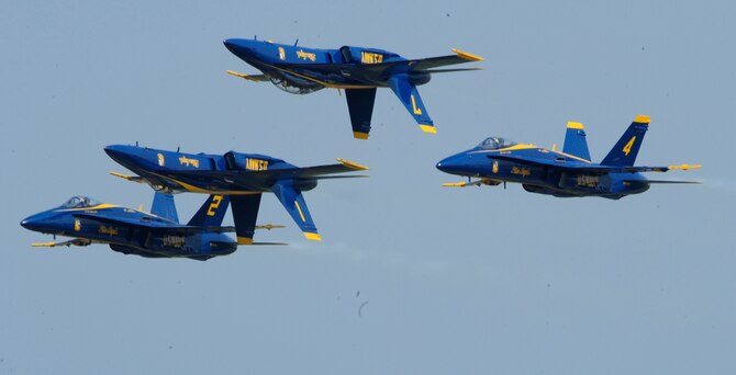 JOINT BASE ANDREWS, Md. – The Navy Blue Angels perform a formation flight during the Joint Service Open House here May 14.  This year the Blue Angels will perform 68 shows at 35 locations for more than eight million spectators. JSOH allows members of the public an excellent opportunity to meet and interact with the men and women of the Armed Forces and to show them America’s skilled military. (U.S. Air Force photo by Staff Sgt. Keyonna Fennell)