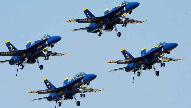 JOINT BASE ANDREWS, Md. – The Navy Blue Angels perform a formation flight during the Joint Service Open House here May 14.  This year the Blue Angels will perform 68 shows at 35 locations for more than eight million spectators. JSOH allows members of the public an excellent opportunity to meet and interact with the men and women of the Armed Forces and to show them America’s skilled military. (U.S. Air Force photo by Staff Sgt. Keyonna Fennell)