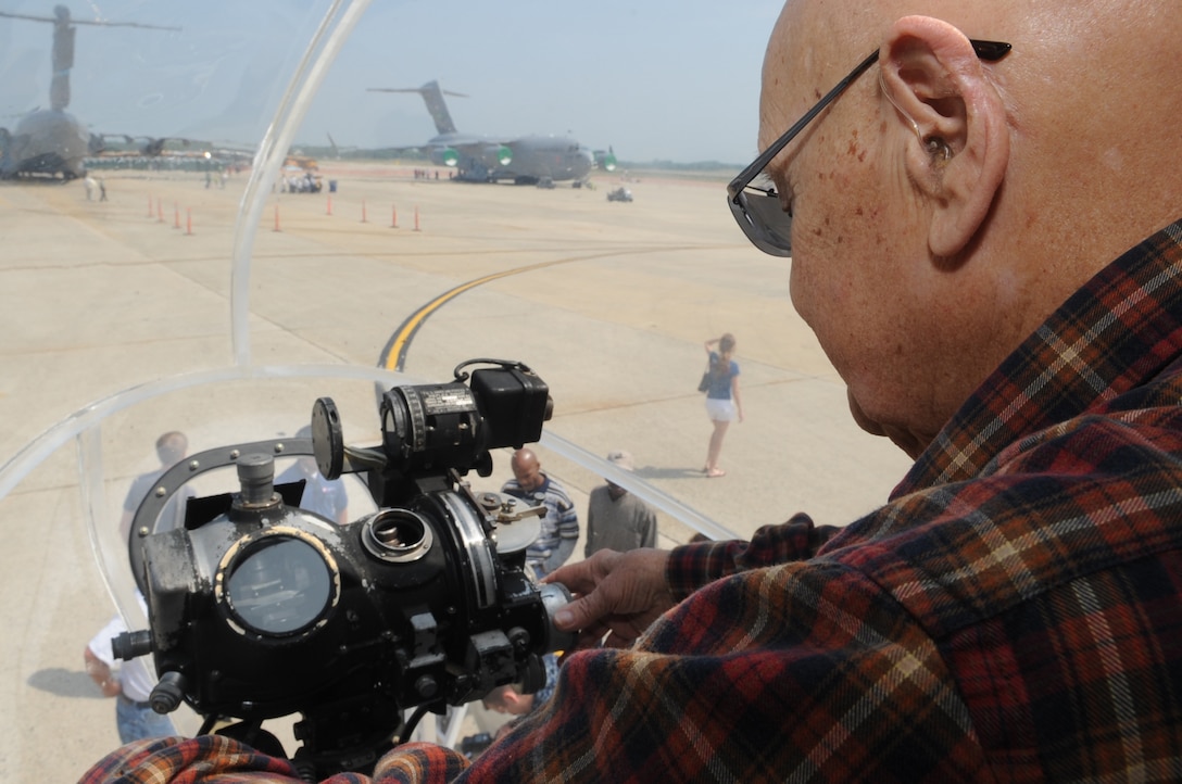 JOINT BASE ANDREWS, Md. --  U.S. Army Air Corp Retired Lt. Col. Roy Truba, World War II bombardier, sits inside the nose section of a B-17 the 2010 Joint Service Open House here May 14. Lt. Col. Truba is a former POW who was shot down April 18th, 1945 in Germany and has not been in a B-17 since. (U.S. Air Force photo by Senior Airman Melissa V. Brownstein)