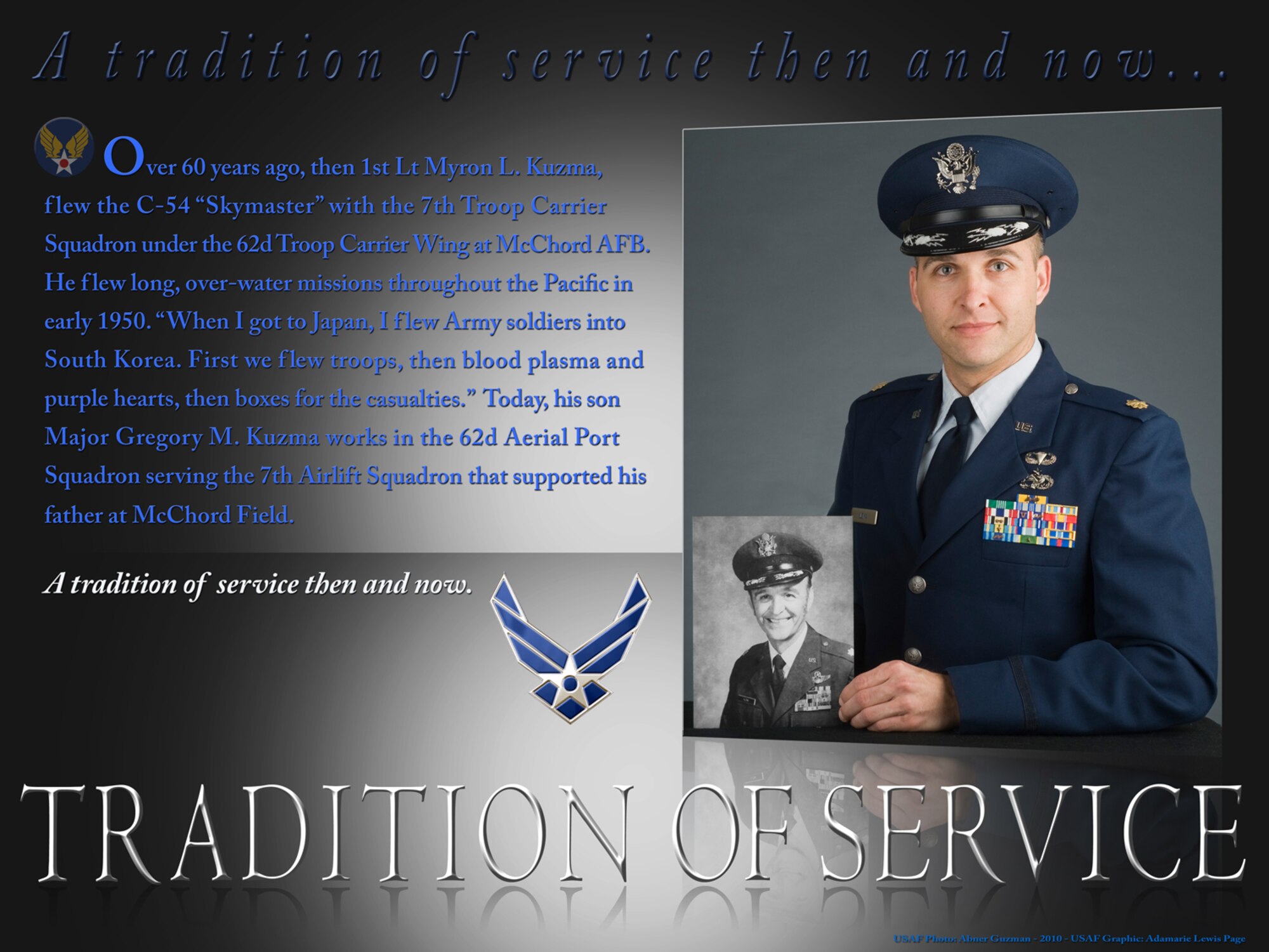 Lt. Col. (ret.) Myron L. Kuzma, USAF, flew the C-54 "Skymaster" with the 7th Troop Carrier Squadron under the 62nd Troop Carrier Wing at McChord Air Force Base in the early 1950's. Today, his son Maj. Gregory M. Kuzma works in the 62nd Aerial Port Squadron serving the 7th Airlift Squadron that supported his father at McChord Field. (U.S. Air Force photo/Abner Guzman, Graphic Adamarie Lewis-Page)

