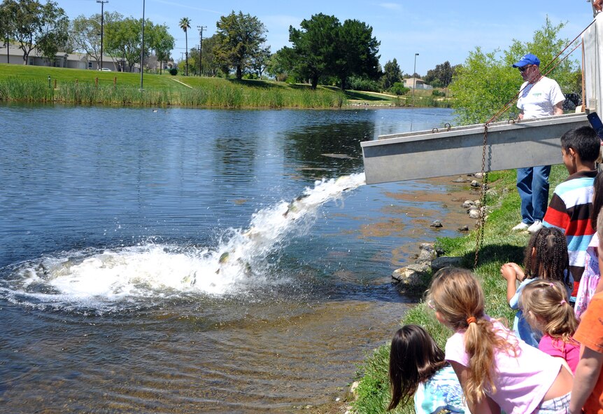 Employees of a local fishery company release approximately 800 small bass into the Duck Pond May 6 in preparation for the Kids Day of Fishing event that took place May 8. (U.S. Air Force photo/Senior Airman Kristen Rohrer)  

 
