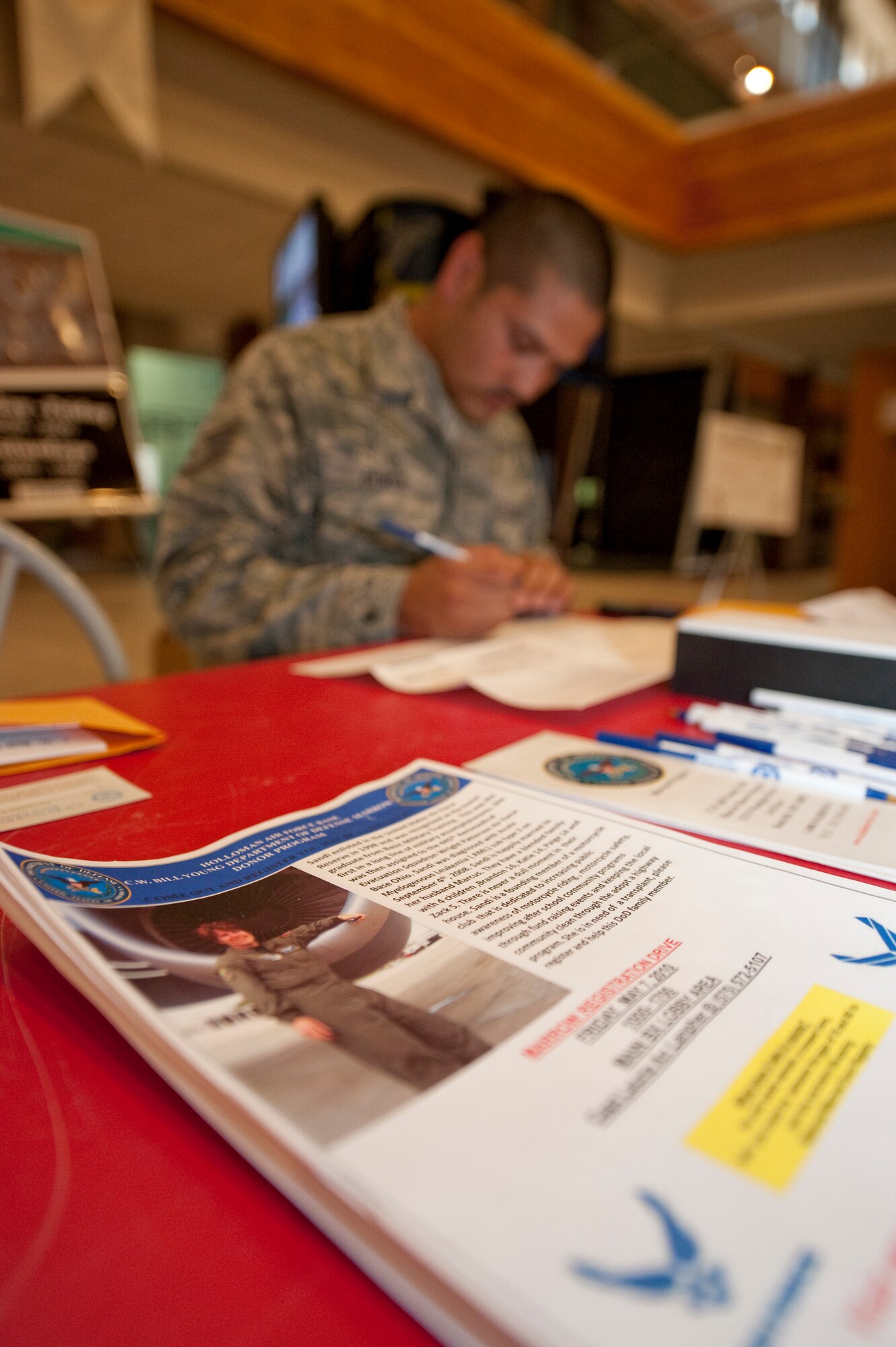 HOLLOMAN AIR FORCE BASE, N.M. -- Staff Sgt. Paul Olmos, 49th Logistics Readiness Squadron, fills out a consent form May 5, 2010, in order to be added to the Department of Defense Marrow Donor Program. The DoD Marrow Donor Program works with the National Marrow Donor Program to provide bone marrow to those who need it, like the Airman whose story is featured on the bone marrow drive flyer. (U.S. Air Force photo by Airman 1st Class Sondra Escutia / Released)