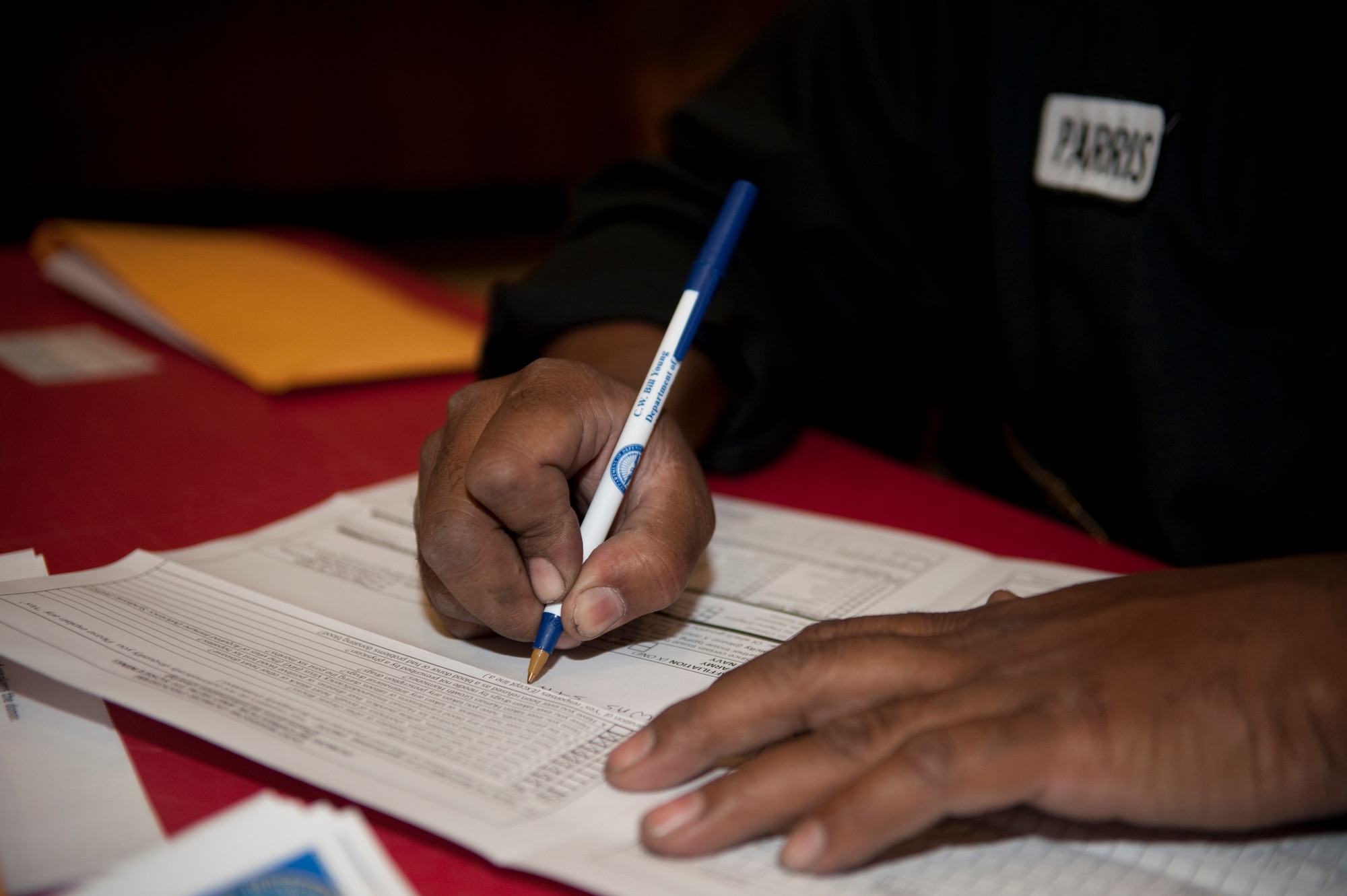 HOLLOMAN AIR FORCE BASE, N.M. -- Parris Veasley, a Holloman contractor, fills out a consent form in order to become a donor with the Department of Defense Marrow Program during a drive at the Domenici Fitness and Sports Center May 5, 2010. More than 1,000 Team Holloman members registered with the Department of Defense Bone Marrow Program during the week-long drive. (U.S. Air Force photo by Airman 1st Class Sondra Escutia / Released)