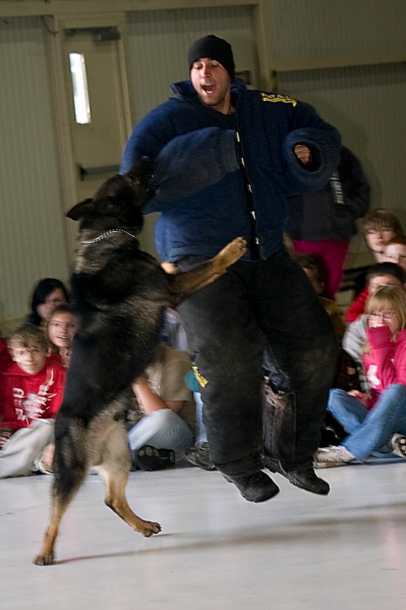 GRISSOM AIR RESERVE BASE, Ind. -- K-9 Ranger bites at the protected arm of Jeff Gilson during a police dog demonstration that was put on as part of a National Police Week education day held here May 11. The event featured a local dog-training facility as well as federal, state and local law enforcement agencies. National Police Week starts on May 9 and culminates with National Peace Officer Memorial Day on May 15. (U.S. Air Force photo/Tech. Sgt. Mark R. W. Orders-Woempner)