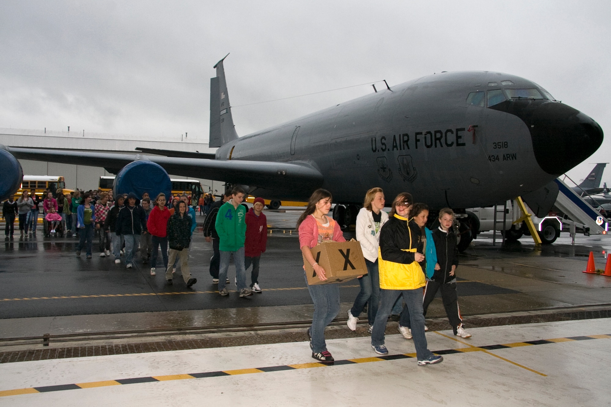 GRISSOM AIR RESERVE BASE, Ind. -- Local-area students arrive in busloads for a National Police Week education day held here May 11. The event featured federal, state and local law enforcement agencies. National Police Week starts on May 9 and culminates with National Peace Officer Memorial Day on May 15. (U.S. Air Force photo/Tech. Sgt. Mark R. W. Orders-Woempner)