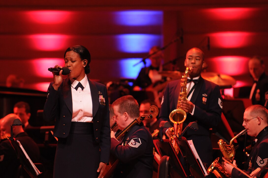 Master Sgt. Shani Prewitt, United States Air Force Band, performs during a dress rehearsal broadcast taping of “America’s Veteran’s – A Musical Tribute” May 13 at the Music Center, Strathmore, Bethesda, Md. Another taping is 8-11 p.m. May 14. The fourth annual broadcast taping features Grammy-award winning singer and songwriter Peter Cetera, “American Idol” finalist Melinda Doolittle, country music group Lonestar, and several Air Force Band performing groups. Award-winning actor Blair Underwood narrates. (U.S. Air Force photo by Thomas Dennis)