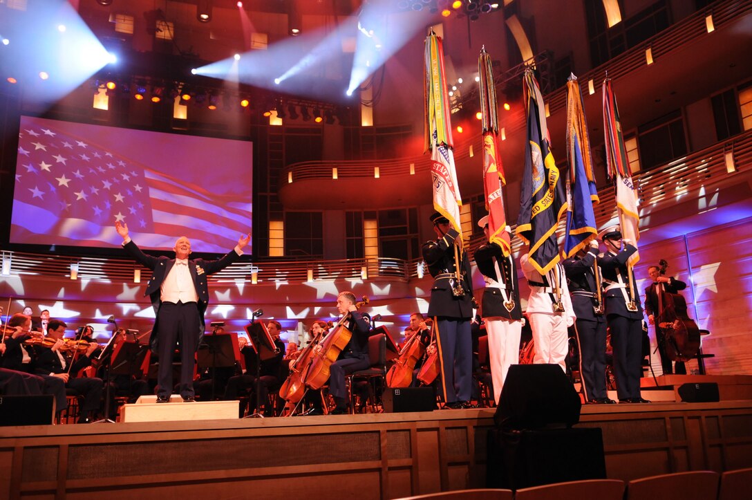 The United States Air Force Band performs during a dress rehearsal broadcast taping of “America’s Veteran’s – A Musical Tribute” May 13 at the Music Center, Strathmore, Bethesda, Md. Another taping is 8-11 p.m. May 14. The fourth annual broadcast taping features Grammy-award winning singer and songwriter Peter Cetera, “American Idol” finalist Melinda Doolittle,  country music group Lonestar, and several Air Force Band performing groups. Award-winning actor Blair Underwood narrates. (U.S. Air Force photo by Thomas Dennis)