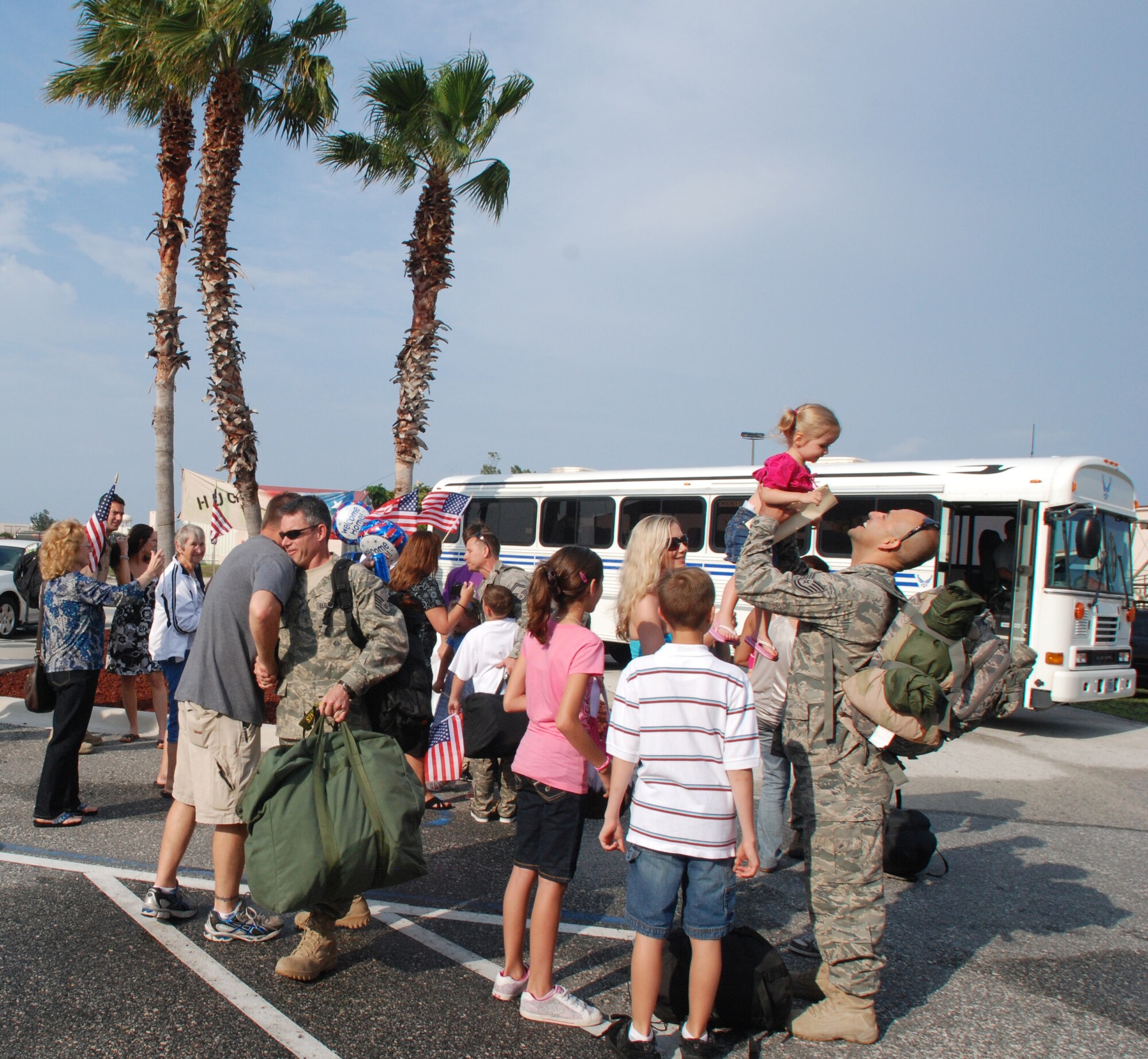 PATRICK AIR FORCE BASE, Fla. -  Family and friends gather at the 308th Rescue Squadron here as the reseve pararescuemen come home from a four-month deployment in support of Operation Enduring Freedom. These PJs were a part of a huge rescue after several avalanches devestated a highly-populated road that ran into Northern Afghanistan. Over 300 local Afghan citizens were assisted during that operation. (U.S. Air Force photo/Staff Sgt. Leslie Kraushaar)