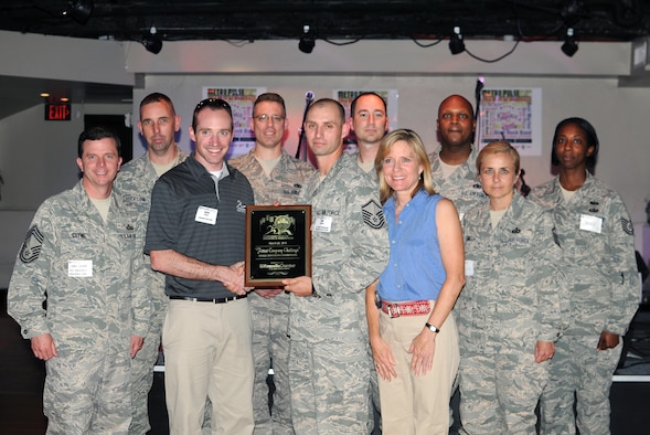 KNOXVILLE, Tenn. -- Servicemembers from The I.G. Brown Air National Guard Training and Education Center, McGhee Tyson ANGB here accept a first place award for the Fittest Company Challenge from the Knoxville Area Chamber Partnership during a ceremony held in Market Square in downtown Knoxville, May 13.  The competition, held March 28 during the Covenant Health Knoxville Marathon, was a friendly contest among area businesses designed to promote a healthy lifestyle and in turn create healthy employees.  (U.S. Air Force photo by Master Sgt. Kurt Skoglund)