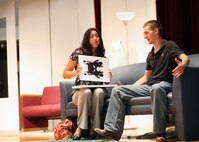 Leilani Souza and Matthew McKenna rehearse a scene from LPAG's production of "Speed Date" at the Arnold Hall Community Center ballroom. (U.S. Air Force photo/Robbin Cresswell)