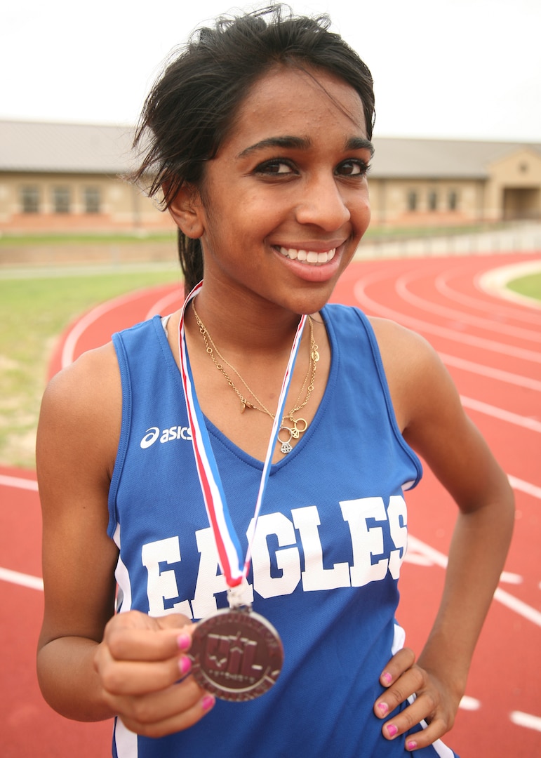 Sophomore Janae Lewis is set to run in the 800-meter state championship race May 14 Myers Stadium in Austin. Lewis took second place in the Region IV-A meet to advance to her first state championship appearance. (U.S. Air Force photo/Robbin Cresswell)