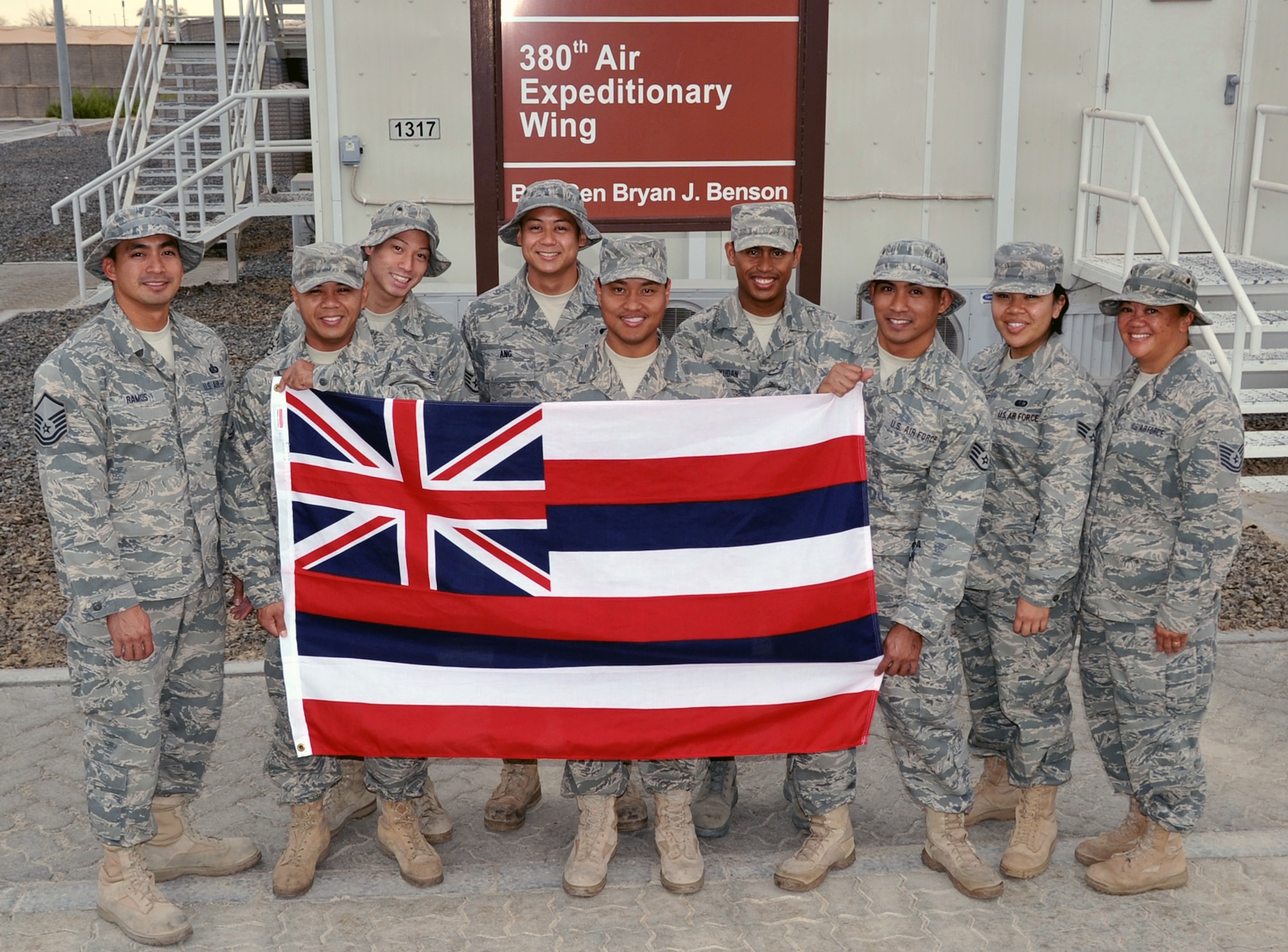 Nine members of the Hawaii Air National Guard's 154th Force Support Squadron are deployed to the 380th Air Expeditionary Wing at non-disclosed base in Southwest Asia.  Here they are pictured May 6, 2010. The Air National Guard Airmen serve with the 380th Expeditionary Force Support Squadron. (U.S. Air Force Photo/Master Sgt. Scott T. Sturkol/Released)