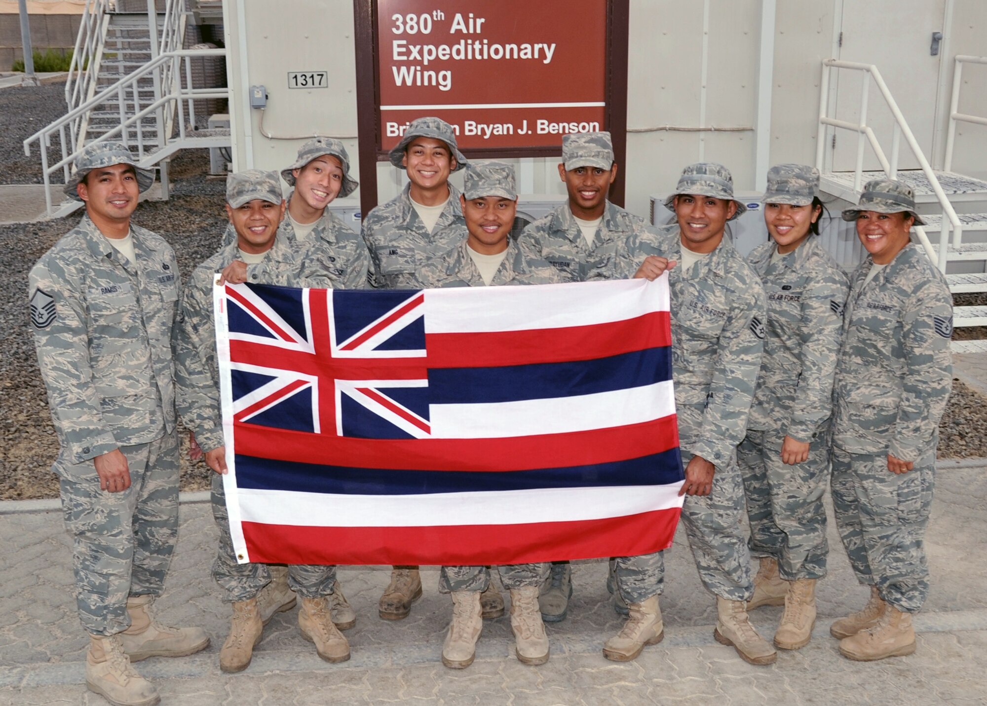Nine members of the Hawaii Air National Guard's 154th Force Support Squadron are deployed to the 380th Air Expeditionary Wing at non-disclosed base in Southwest Asia.  Here they are pictured May 6, 2010. The Air National Guard Airmen serve with the 380th Expeditionary Force Support Squadron. (U.S. Air Force Photo/Master Sgt. Scott T. Sturkol/Released)