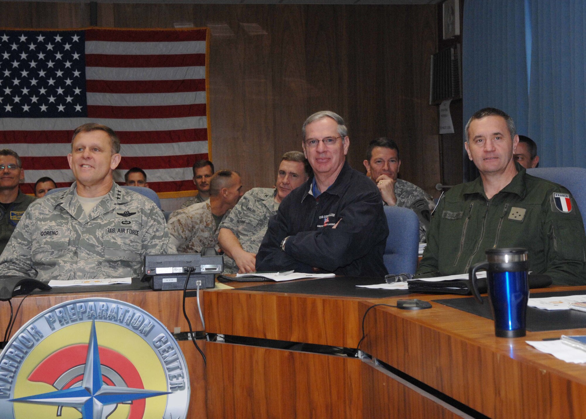 Einsiedlerhof Air Station, Germany--3rd Air Force Commander, Lt. Gen. Frank Gorenc along with U.S. Joint Forces Command Vice Adm.(retired) Barry Costello; and French Air Force Commander of Air Defense and Air Operations Lt. Gen. Gilles Desclaux meet to discuss the status of U.S. European Command's premier exercise. The exercise included U.S., French, and Polish forces as part of a combined task force led by General Gorenc. (U.S. Air Force Photo by Chief Master Sgt. John Tway)