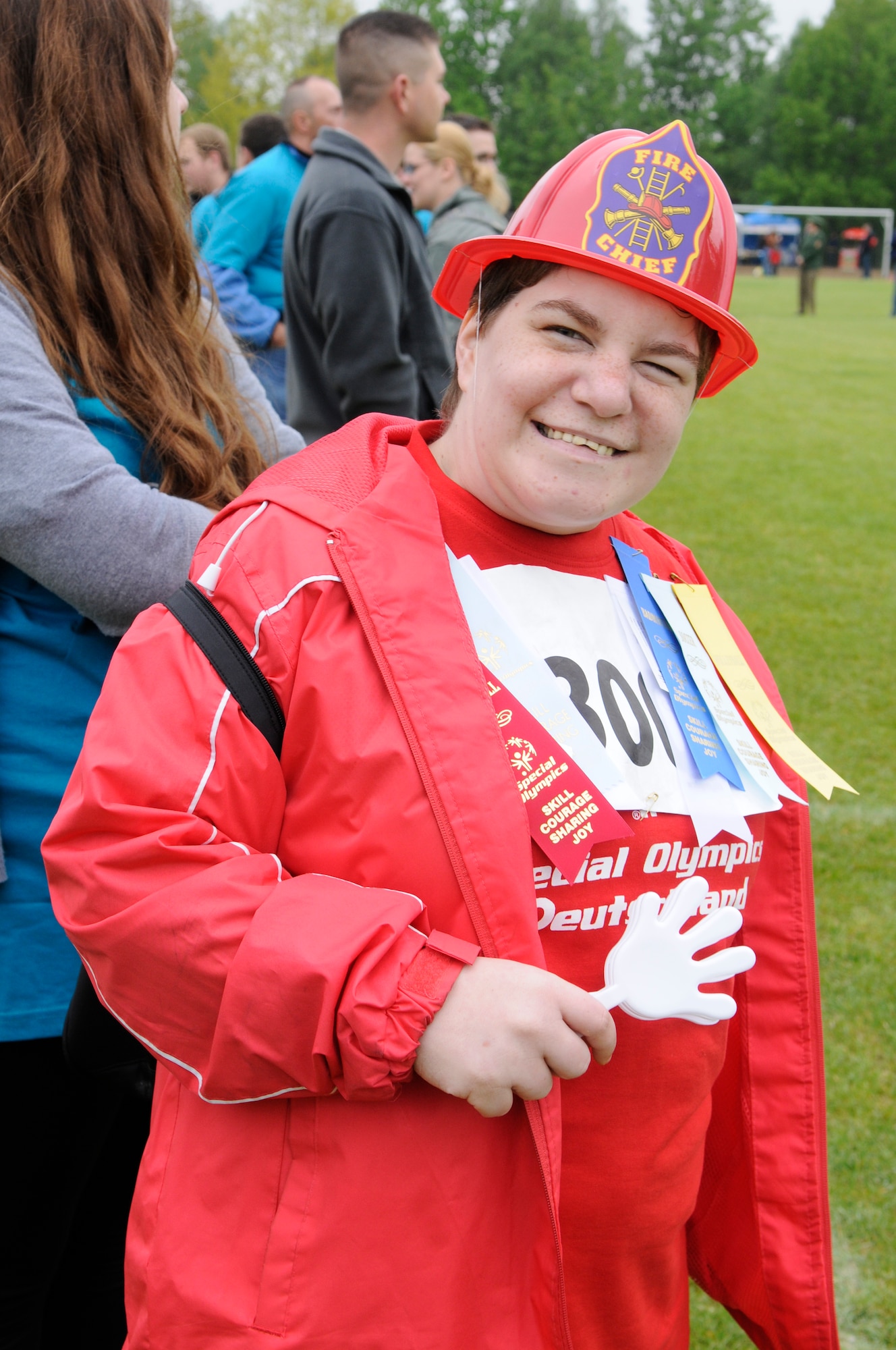 Nicole, an athlete, poses for a photo during the Special Olympics, Enkenbach-Alsenborn, Germany, May 12, 2010. Special Olympics is a worldwide event for children and adults with disabilities to build confidence and foster friendships. The Kaiserslautern Military Community hosted its 27th Annual Special Olympics for over 800 athletes. (U.S. Air Force photo by Airman 1st Class Brittany Perry)