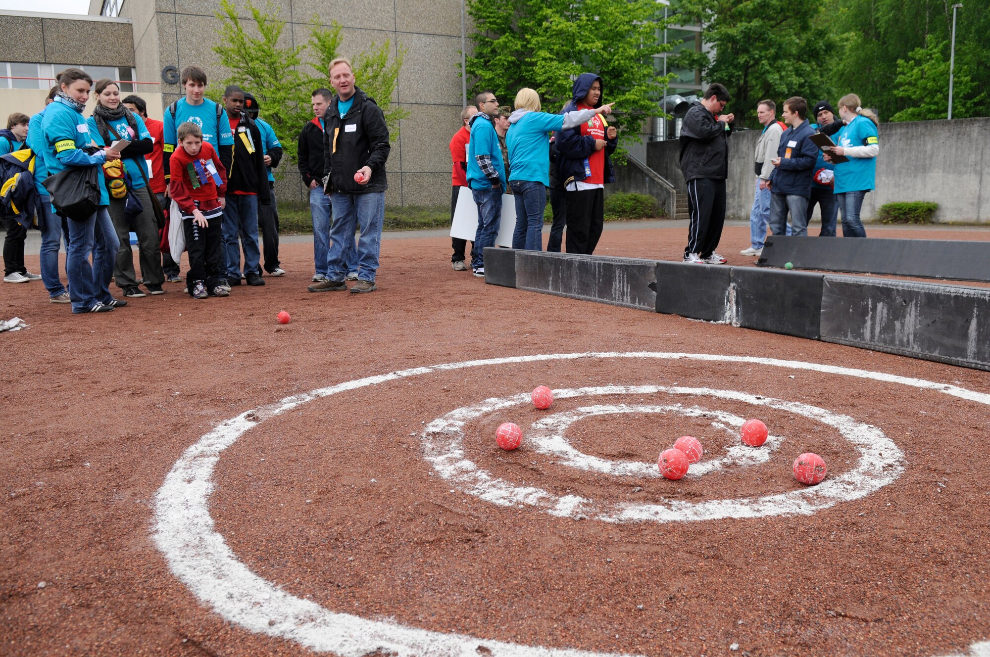 An athlete participates in a game of target ball during the Special Olympics, Enkenbach-Alsenborn, Germany, May 12, 2010. Special Olympics is a worldwide event for children and adults with disabilities to build confidence and foster friendship. The Kaiserslautern Military Community hosted its 27th Annual Special Olympics for over 800 athletes. (U.S. Air Force photo by Airman 1st Class Brittany Perry)
