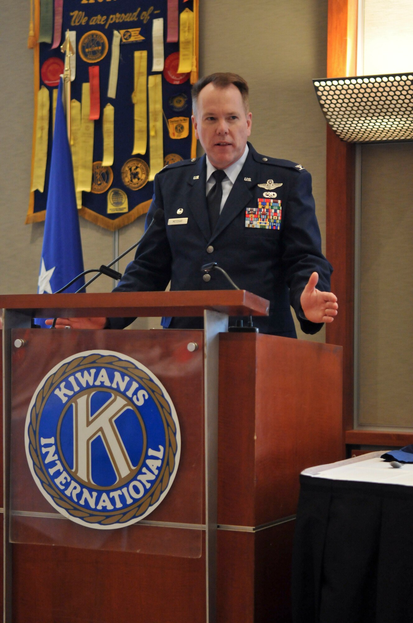 Col. Ted Metzgar, commander of the 128th Air Refueling Wing, addresses a gathering of 70 people during the Kiwanis Club Luncheon held during Milwaukee Armed Forces Week on Wednesday, May 12, 2010, at the Milwaukee County War Memorial Center.  The 128 ARW was recognized for its accomplishments, both locally and globally, and the wing was inducted into the Kiwanis Club’s Hall of Fame.  (Air Force photo by Senior Master Sgt. Jeff Rohloff/released)