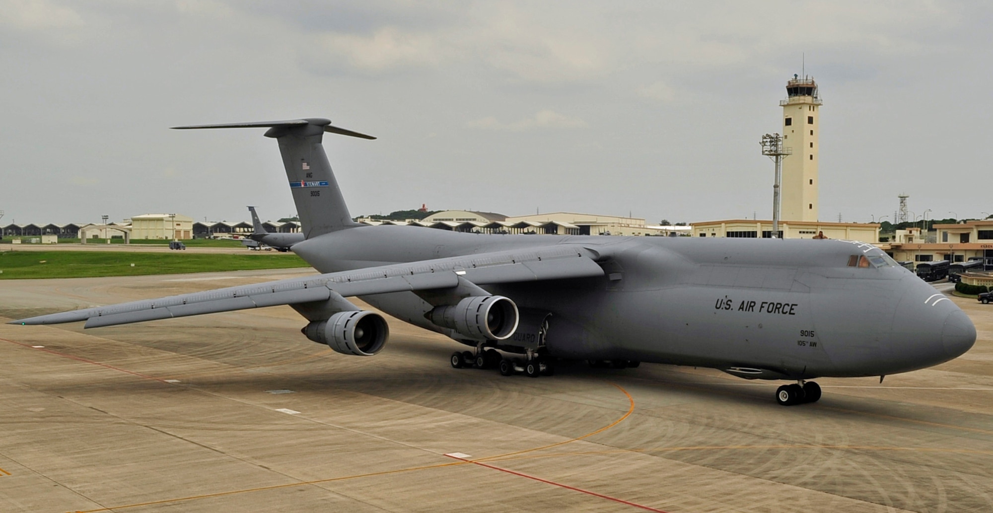 A C-5 Galaxy taxis in preparation for takeoff at Kadena Air Base May 13. Air Mobility Command is re-routing some C-5s and C-17s through the Pacific region from Southwest Asia due to volcanic activity in Iceland that is affecting air traffic. Kadena’s 733rd Air Mobility Squadron is leading the effort to keep aircraft and people flowing through the base on their way to Southwest Asia. (U.S. Air Force photo by Senior Airman Amanda Grabiec)