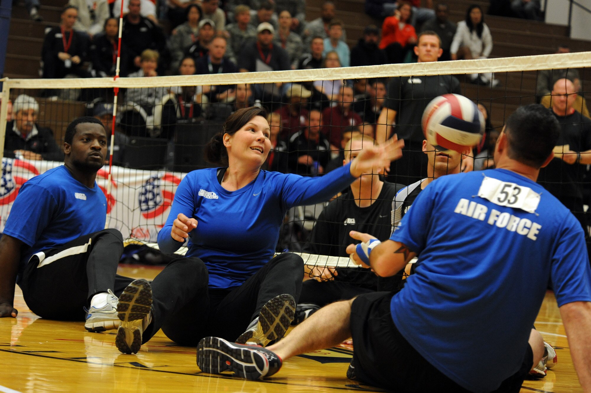 Air Force Warrior Games athlete, Stacy Pearsall, prepares to hit the ball during the Warrior Games sitting volleyball match against Army at the U.S. Olympic Training Center in Colorado Springs, Colo., May 13, 2010. (U.S. Air Force photo/Staff Sgt. Desiree N. Palacios) 