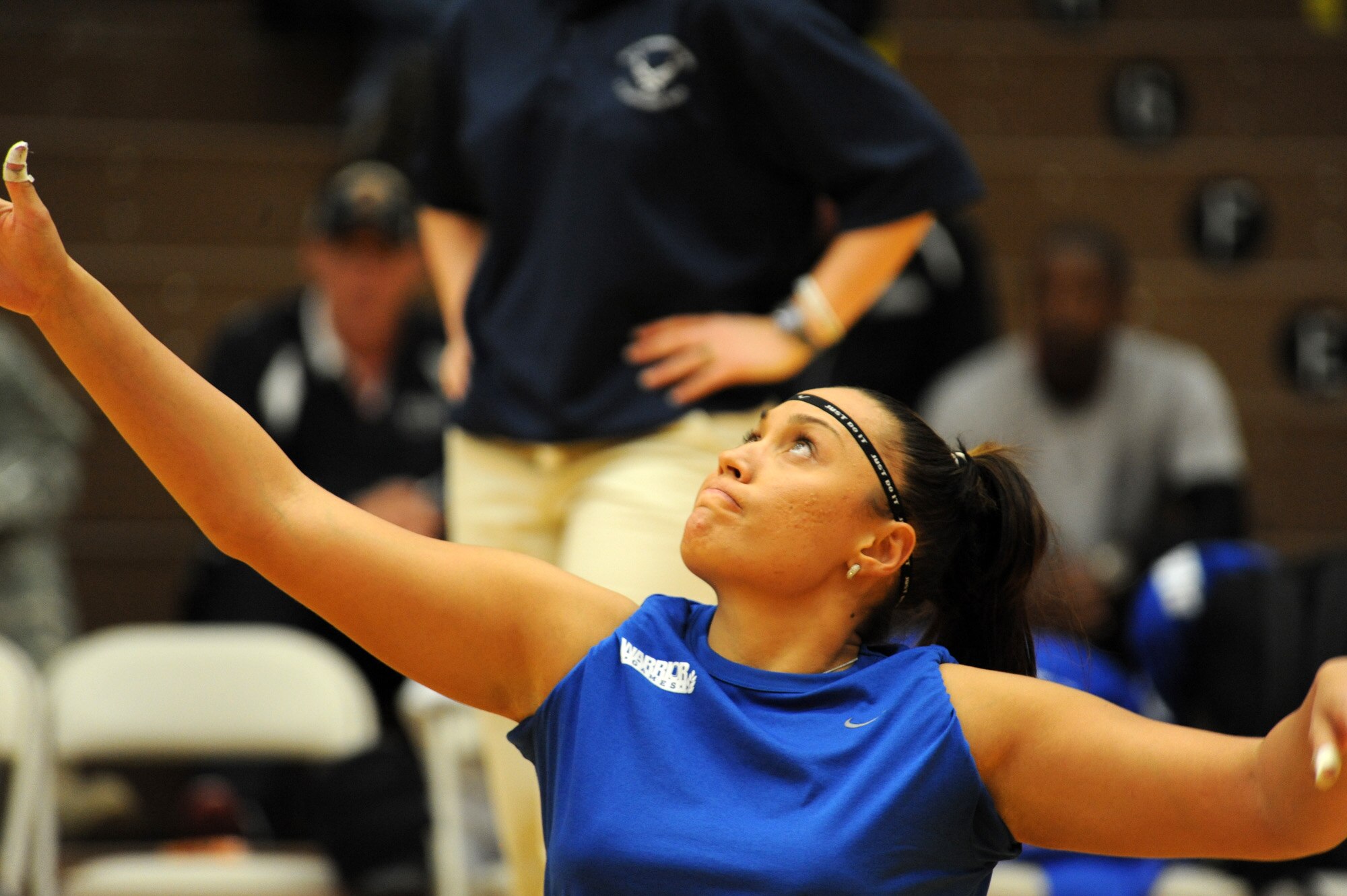 Air Force Warrior Games athlete, Jennifer Stone, serves the ball during the Warrior Games sitting volleyball match against Army at the U.S. Olympic Training Center in Colorado Springs, Colo., May 13, 2010. (U.S. Air Force photo/Staff Sgt. Desiree N. Palacios) 