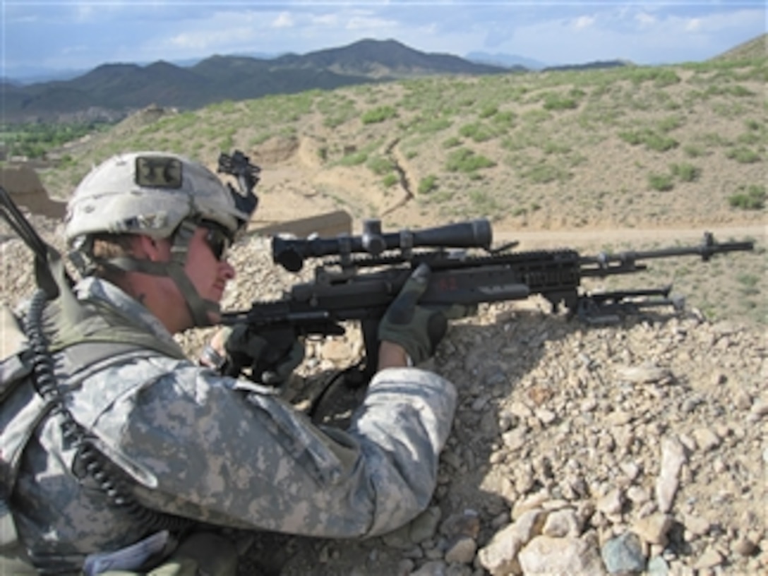 U.S. Army Spc. Andrew Powell provides security during a presence patrol to the village of Margah at Combat Outpost Margah in Paktika province, Afghanistan, on May 6, 2010.  Powell is assigned to 4th Platoon, ABU Company, 1st Battalion, 187th Infantry Regiment (Air Assault).  