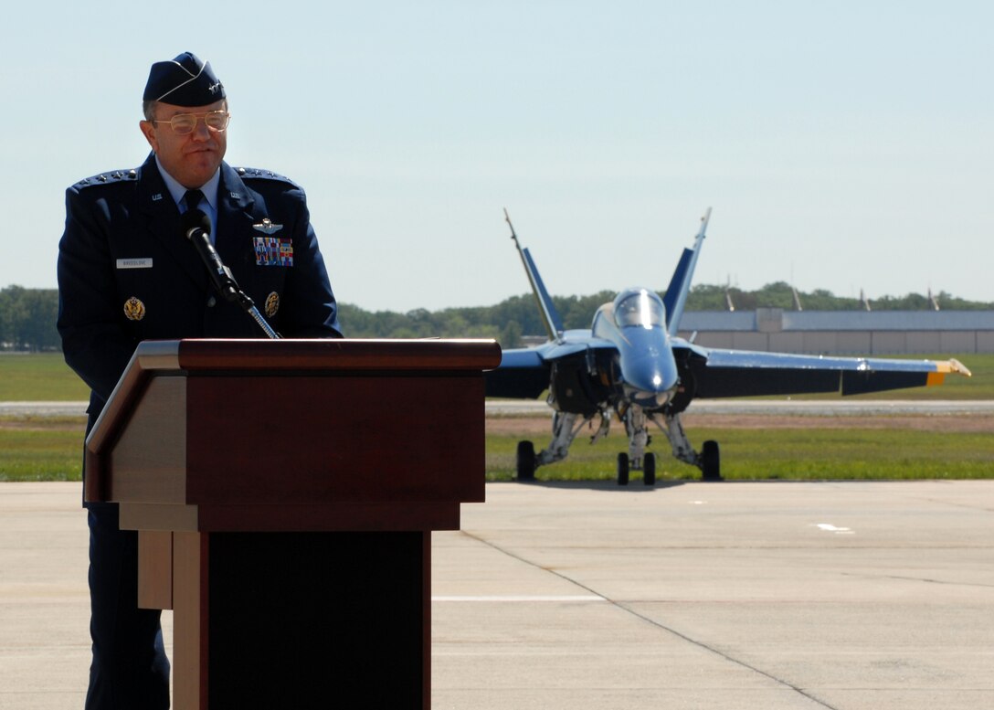 JOINT BASE ANDREWS, Md. - Lt. Gen. Phillip M. Breedlove, Deputy Chief of Staff for Operations, Plans and Requirements, Headquarters U.S. Air Force, Washington D.C. gives his remarks on the opening day of the Joint Service Open House here May 15.  This is the first Joint Service Open House conducted by Team Andrews members at the newly minted Joint Base Andrews, continuing a rich tradition of partnership and strength rooted in service to the nation.  (U.S. Navy photo by Mass Communication Specialist 2nd Class Clifford L. H. Davis)