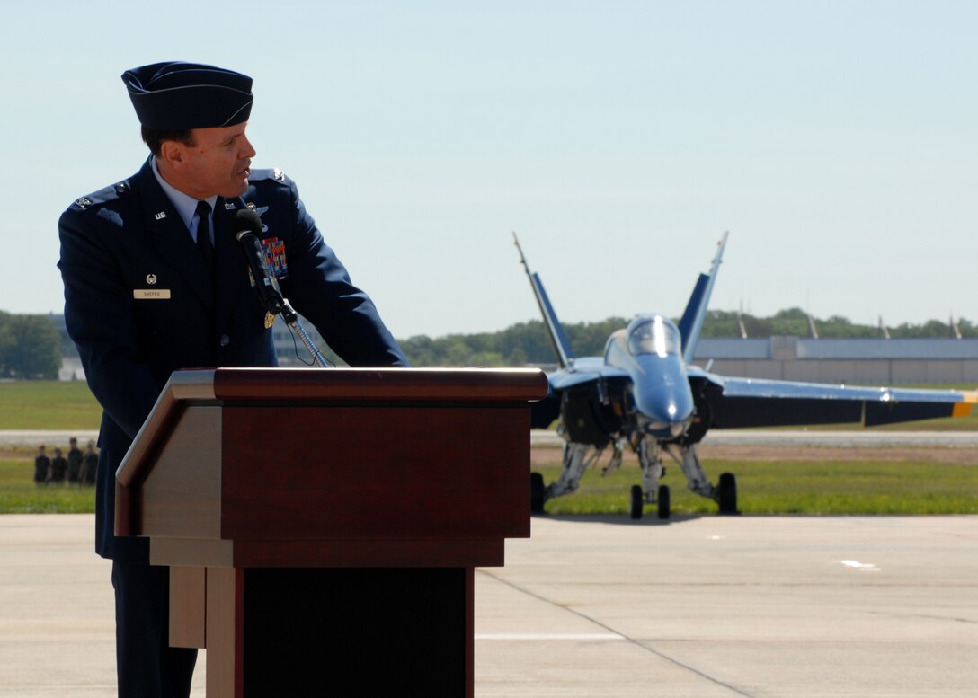 JOINT BASE ANDREWS, Md. - Col. Steven Shepro, Commander 316th Wing and Installation Commander, gives his remarks on the opening day of the Joint Service Open House here May 15.  This is the first Joint Service Open House conducted by Team Andrews members at the newly minted Joint Base Andrews, continuing a rich tradition of partnership and strength rooted in service to the nation.  (U.S. Navy photo by Mass Communication Sp ecialist 2nd Class Clifford L. H. Davis)