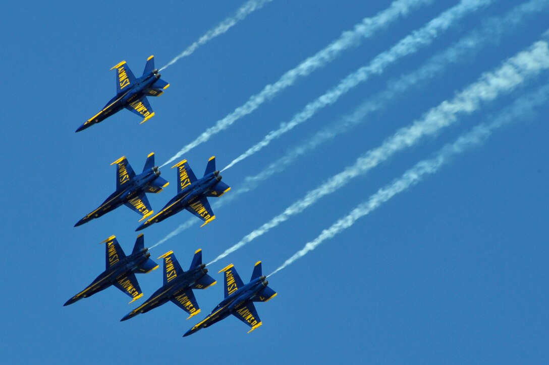 JOINT BASE ANDREWS, Md. - The Navy Blue Angels, the Navyís aerial demonstration team, perform during the 2010 Joint Service Open House May 15 here. This year the Blue Angels will perform about 68 shows at 35 locations for more than eight million spectators. JSOH offers an opportunity for service members to meet and thank the public for their support and to show them Americaís skilled military. (U.S. Air Force photo by Staff Sgt. Renae L. Saylock)