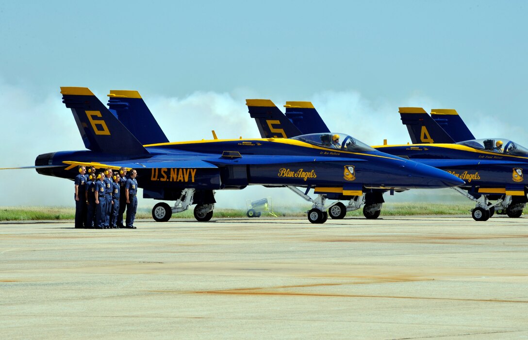 JOINT BASE ANDREWS, Md. - The Navy Blue Angels, the Navy's aerial demonstration team, prepare for their performance during the 2010 Joint Service Open House May 15 here. This year the Blue Angels will perform about 68 shows at 35 locations for more than eight million spectators. JSOH offers an opportunity for service members to meet and thank the public for their support and to show them Americas skilled military. (U.S. Air Force photo by Staff Sgt. Renae L. Saylock)