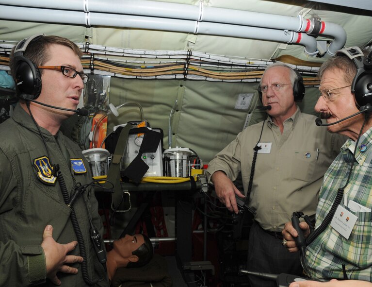 First Lt. Michael Ofman of the 45th Aeromedical Evacuation Squadron from MacDill Air Force Base, Fla., explains his unit’s in-flight missions to Honorary Commanders during a civic leader tour to Robins Air Force Base, Ga. May 13, 2010. The two-day tour also took civic leaders to Charleston Air Force Base, S.C. (U.S. Air Force photo by Senior Airman Anna-Marie Wyant)