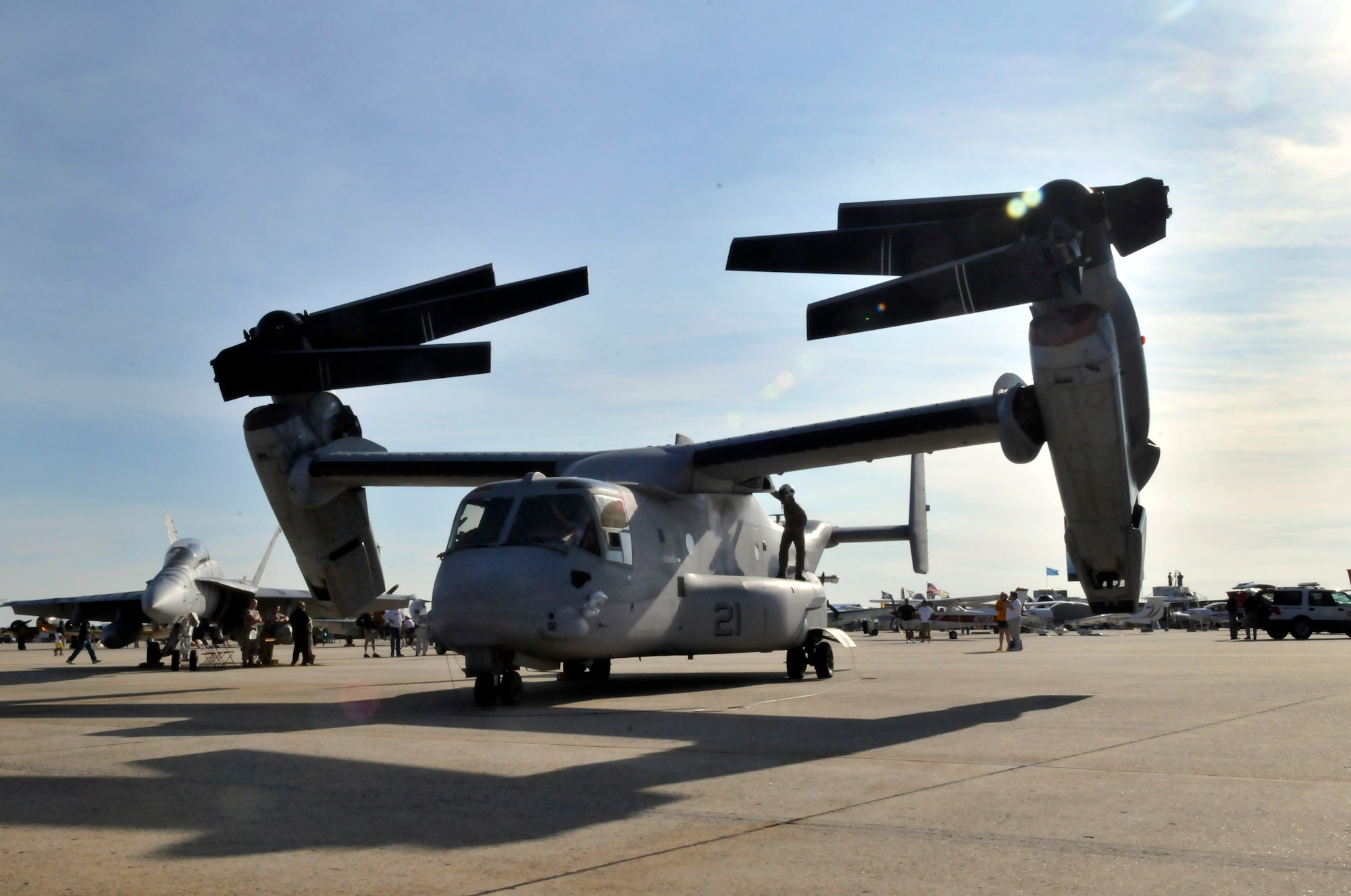 JOINT BASE ANDREWS, Md. - Marine Staff Sgt. Christopher Bendel, a crew chief from the 204th Training Squadron, inspects the propellers of the MV22 Osprey prior to the Joint Service Open House here May 15. JSOH allows members of the public an excellent opportunity to meet and interact with the men and women of the Armed Forces. (U.S. Air Force photo by Staff Sgt. Renae L. Saylock)