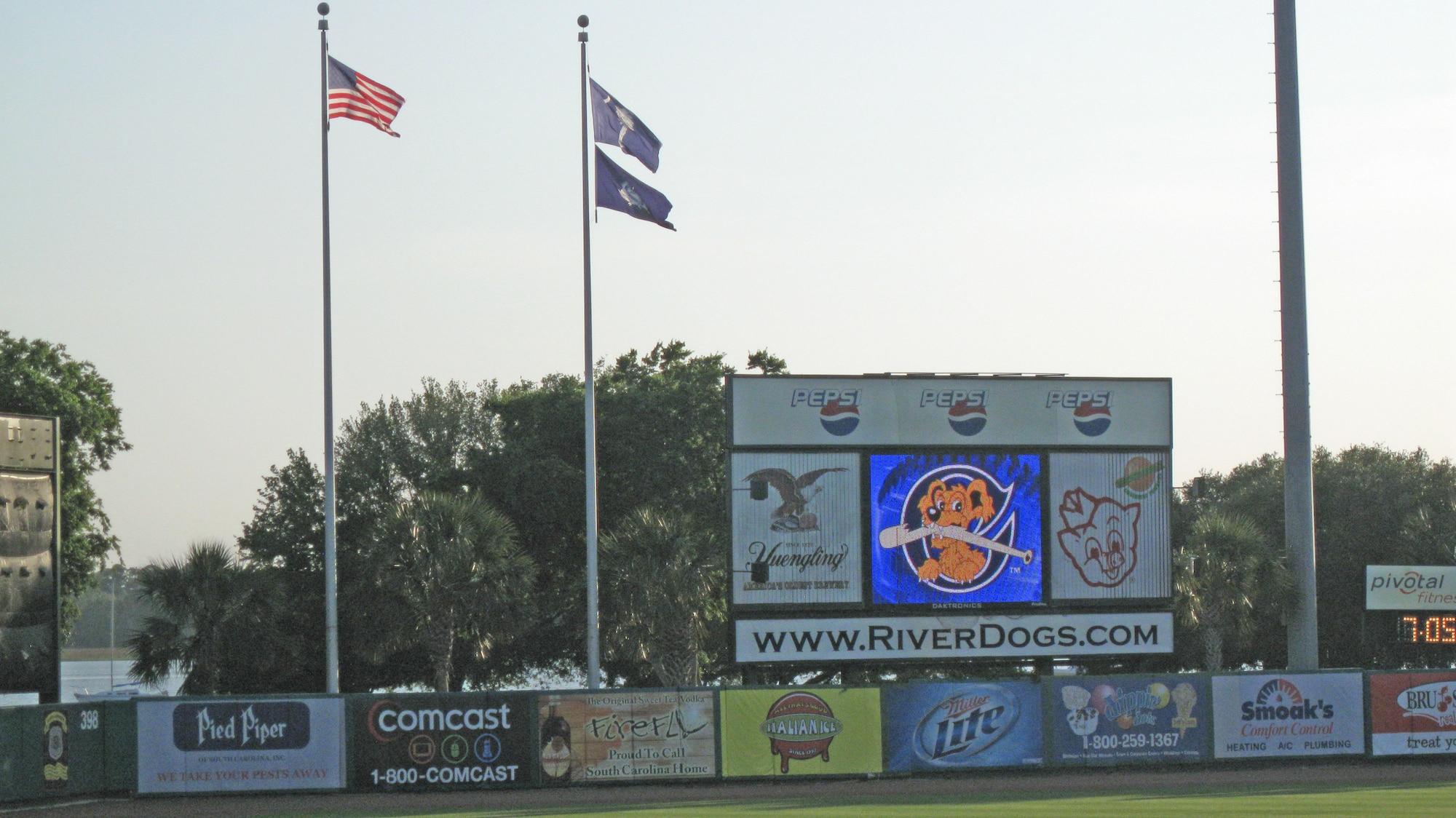 The Charelston Riverdogs hosted military appreciation for all military members, retirees, DoD civilians and dependents May 14 at Joseph P. Riley Jr.Park. Members of the 315th Airlift Wing, Charleston Air Force Base S.C. enjoyed an evening at the ball park and saw 315th Vice Commander Colonel Mike Speer throw out the first pitch. (U.S. Air Force Photo/SMSgt Dean Carter)
